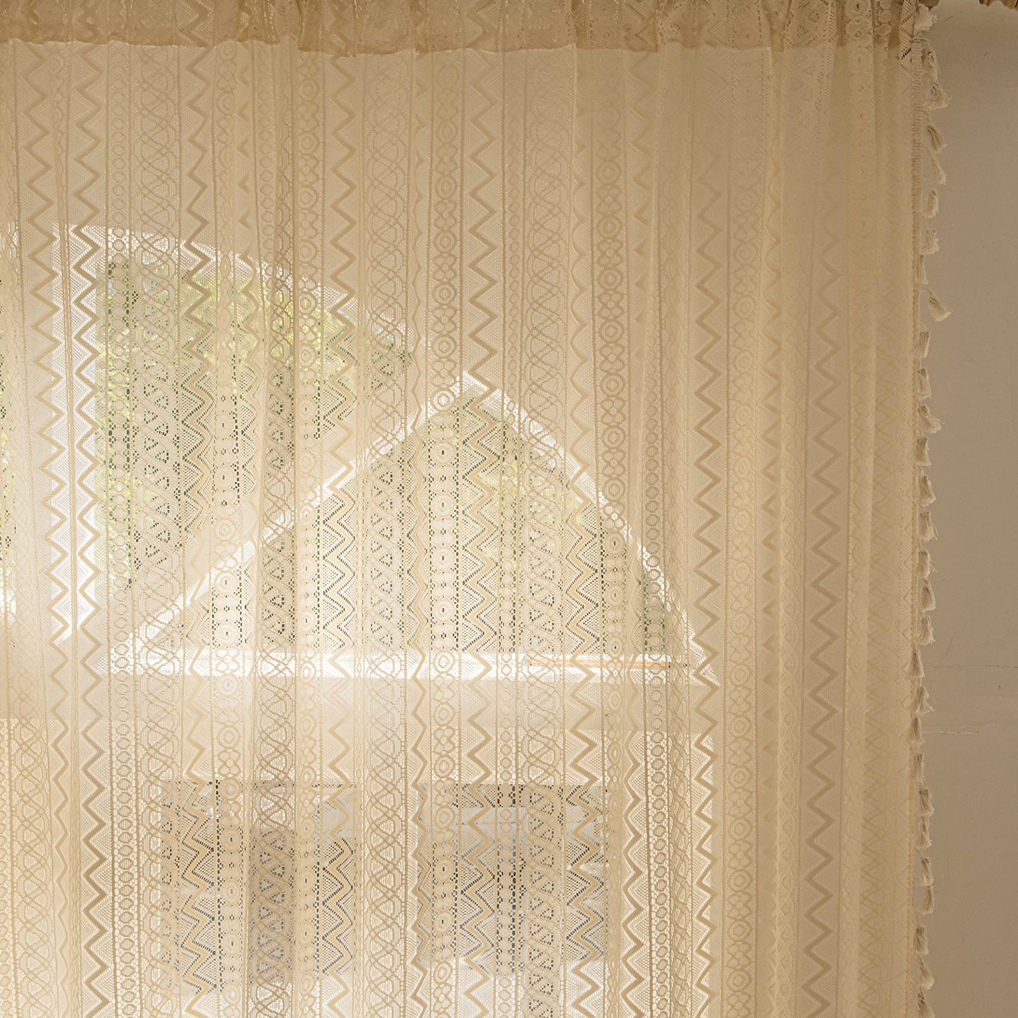Agger Gardine Vintage-Häkelspitzen-Gardine, Boho-Fransen-Vorhang, Wellenförmiger Ösenvorhang aus Voile für Wohnzimmer und Schlafzimmer – Bild 4 von 5