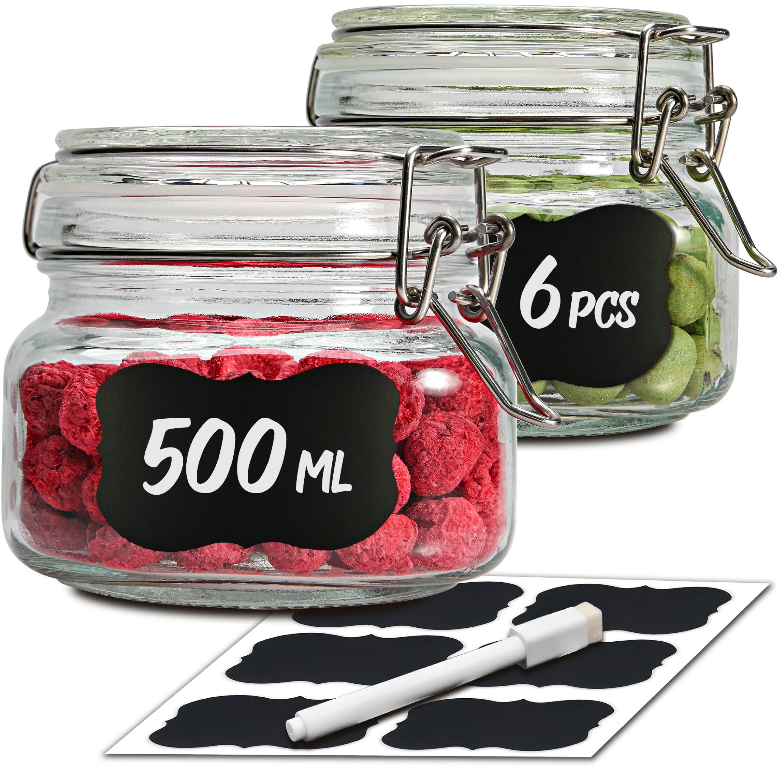 Praknu Vorratsglas 6 Einmachgläser mit Bügelverschluss 500ml - Mit Etiketten, Stift und, Glas, (Set, 6-tlg), Luftdichte Deckel mit Dichtung, Vorratsbehälter für Lebensmittel
