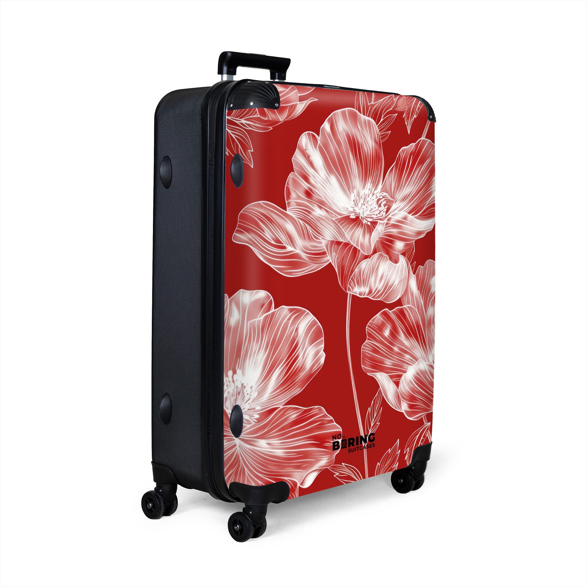 NoBoringSuitcases.com© Hartschalen-Trolley Rot mit weißen Blüten günstig online kaufen