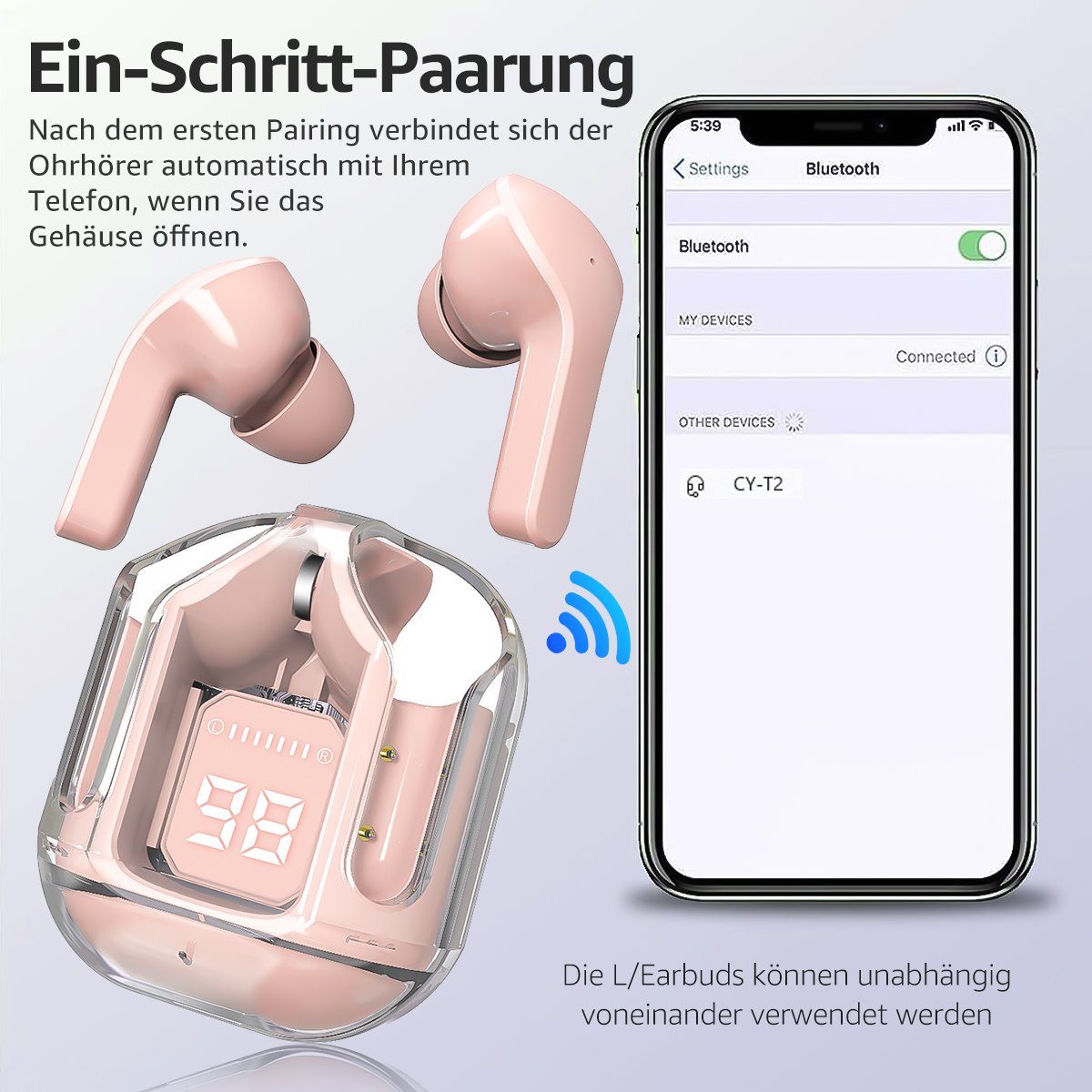 Ear Sport-Kopfhörer Bluetooth Kopfhörer Wasserdicht Anzeige 25 wireless MOOHO HiFi-Kopfhörer, In Rosa IPX7 Ladebox) (Kabellose Wireless 5.3 Kopfhörer, Bluetooth Stereo Std LED Kopfhörer Earbuds Mini