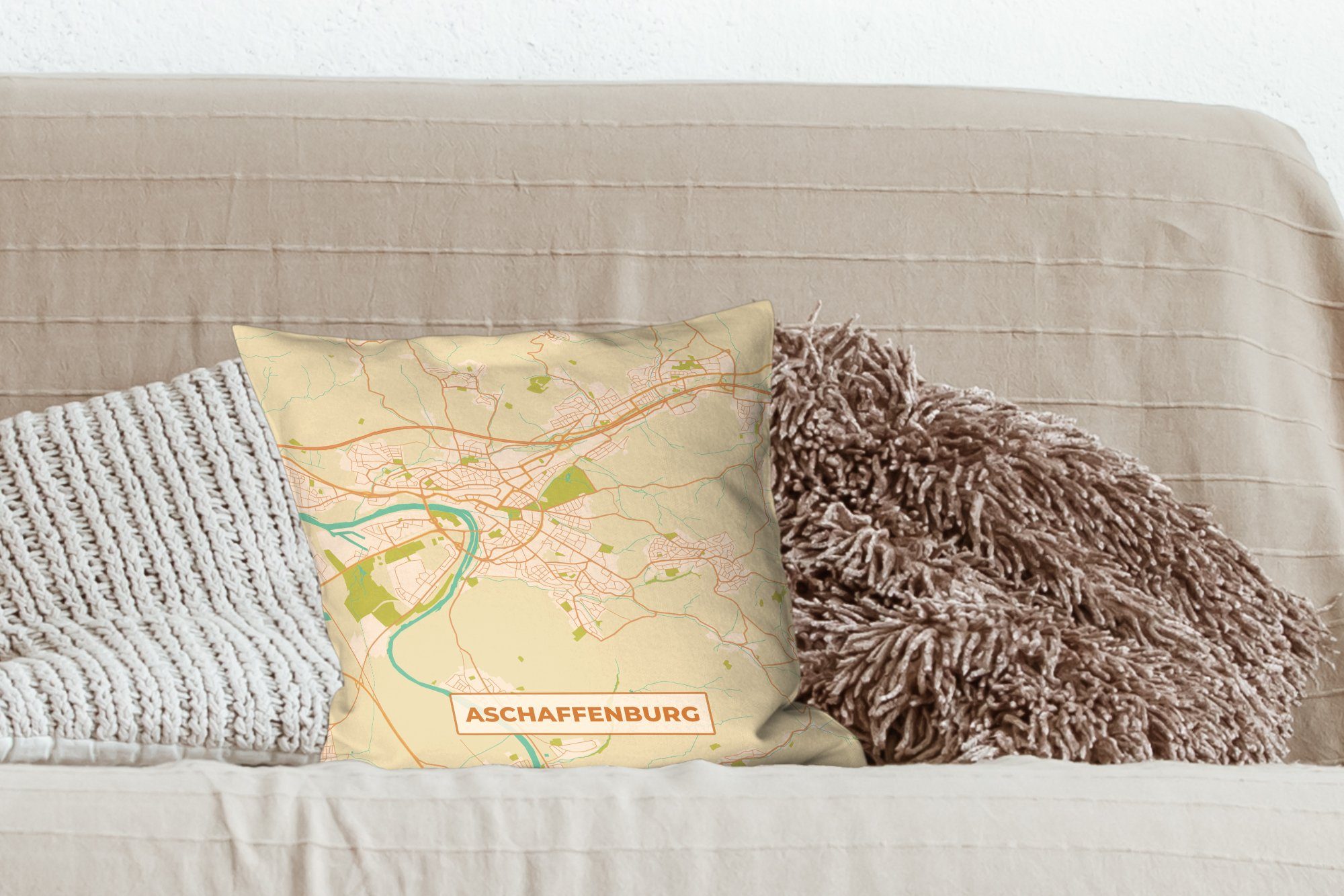 Karte Schlafzimmer, mit Jahrgang für Karte, Dekokissen - Zierkissen Füllung Aschaffenburg - Deko, Wohzimmer, Sofakissen MuchoWow -
