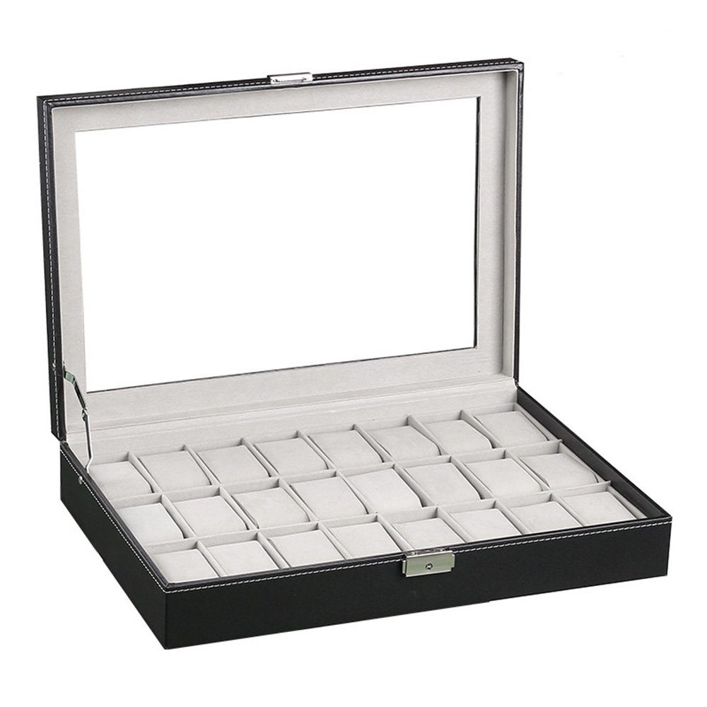 Rosnek Uhrenbox 24 Fächer, Glasdeckel, abschließbar, für Uhren Schmuck (1 St), herausnehmbare Kissen