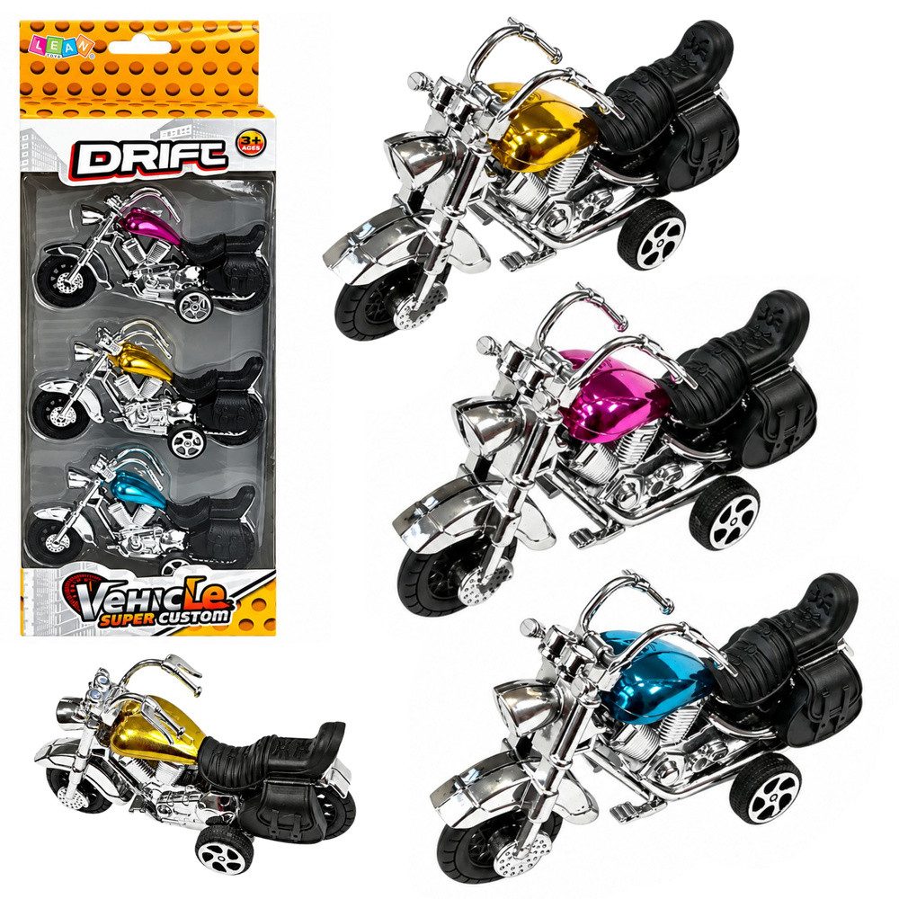 LEAN TOYS Spielzeug-Motorrad Motorradset Rückziehfahrzeuge Sammlermodelle, (Spar-Set, 3-tlg., 12 x 4 x 6,5 cm robust), Rückziehantrieb, 4 Farben, 12 cm, ab 3 Jahren