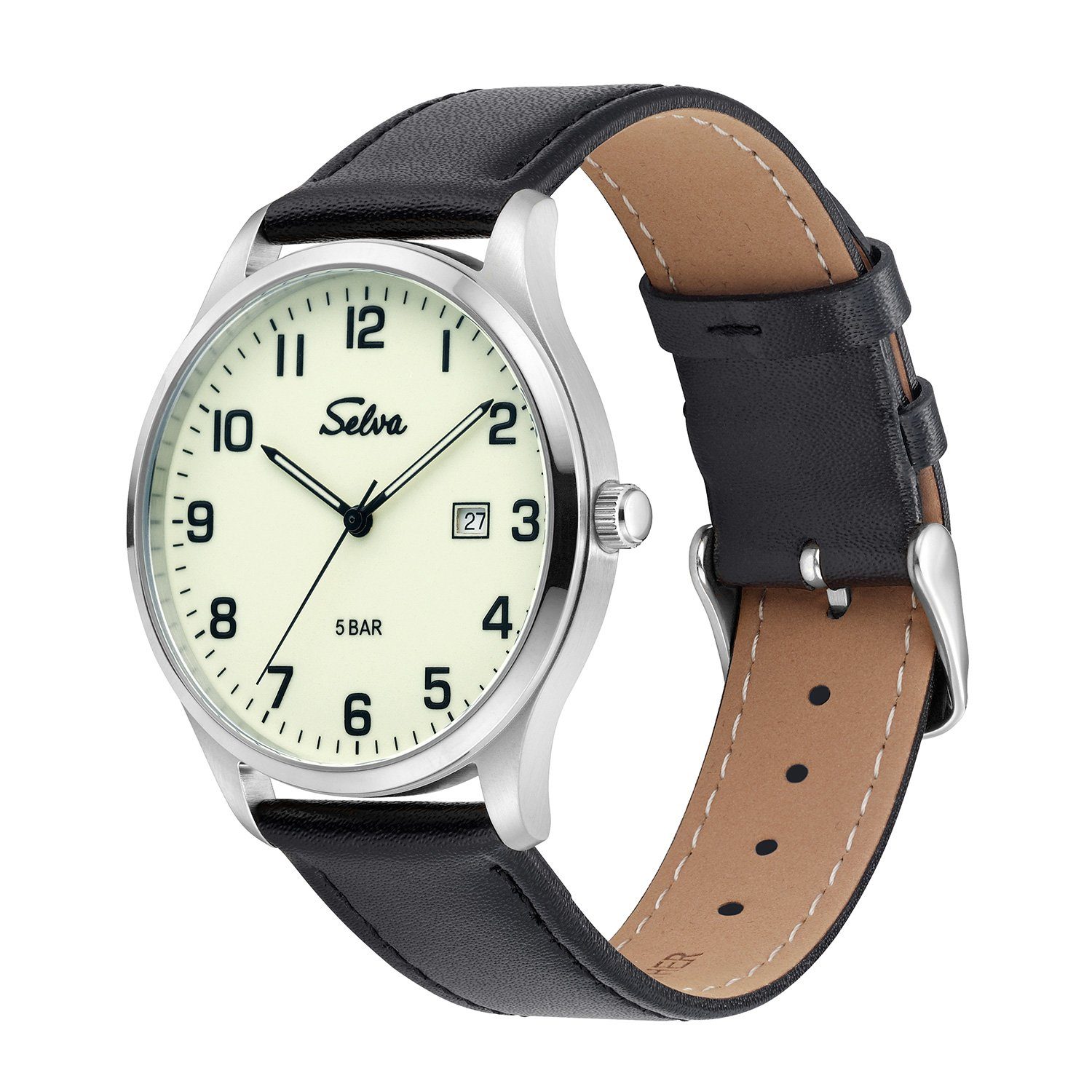 Selva Technik Quarzuhr SELVA Quarz-Armbanduhr mit Lederband Zifferblatt weiß, Gehäuse Ø 39mm