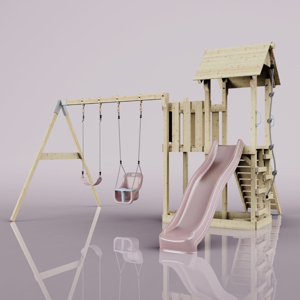 OutdoorToys Spielturm Uppsala, aus Holz in Altrosa mit Babyschaukel & Rutsche