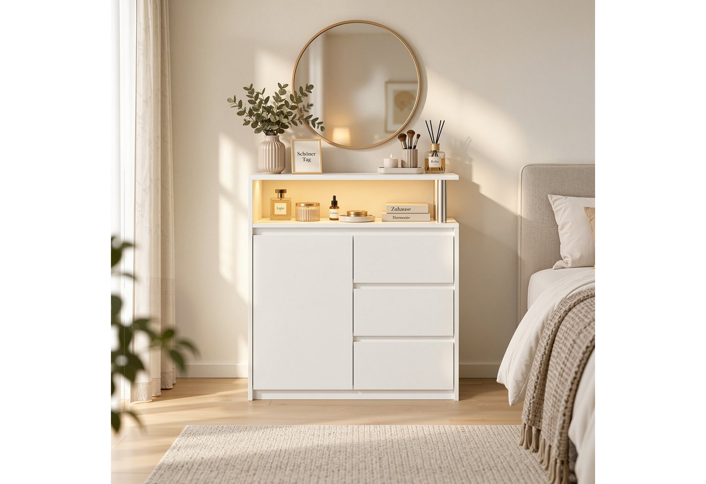 OYRREU Kommode Moderner Schrank mit LED, Sideboard, 82,2x30x94,2cm, OTTO’S CHOICE (Sideboard 82,2x30x94,2cm, 3 Schubladen, 1 Tür, Push-to-Open, Flur, Schlafzimmer, Wohnzimmer, Dielenkommode), platzsparend & stilvoll, 30 cm Tiefe