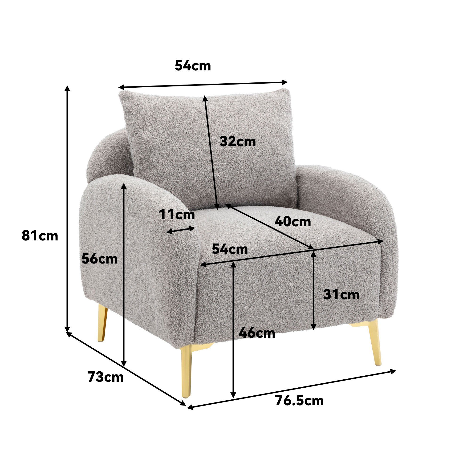 und Polstersessel roségoldene Teddy-Samtstuhl, Sessel extra Sofabeine), grau mit großer tiefer Kissen schlichter REDOM mit (Moderner Einzelsessel breiter Loungesessel Armlehnensessel, Sitzfläche und Sitzfläche,