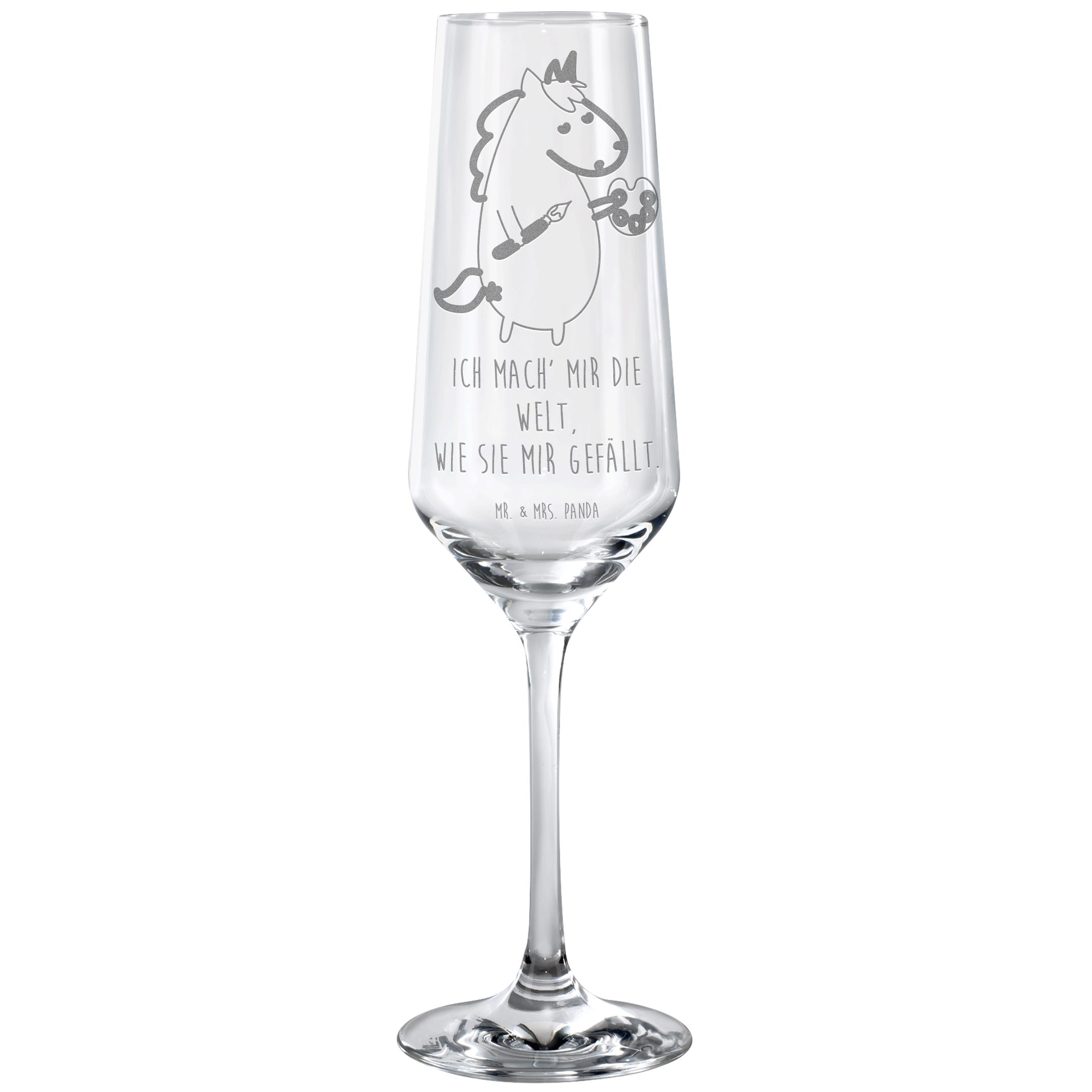 Mr. & Mrs. Panda Sektglas Einhorn Künstler - Transparent - Geschenk, Sektglas mit Gravur, Unico, Premium Glas, Stilvolle Gravur