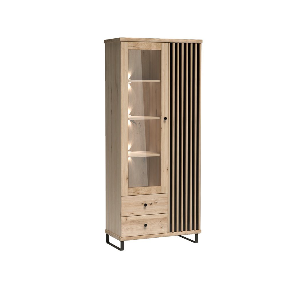 Compleo Standvitrine BORDO, Vitrinenschrank mit 2 Türig und 2 Schubladen, Loft Stil Esszimmer