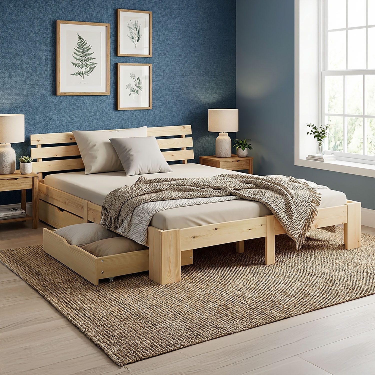 Homestyle4u Holzbett 90x200 140x200 160x200 180x200 Bettkasten Lattenrost Natur Weiß Grau (Set, mit Lattenrost und 2 Bettkästen, Stauraumbett), 140x200, Kiefer, mit Stauraum, klar lackiert, schlicht