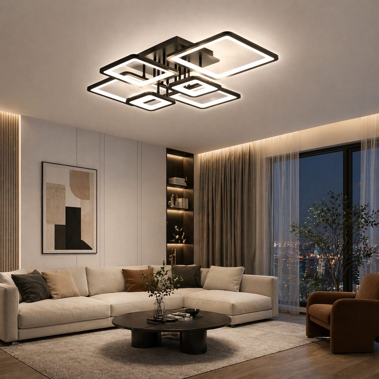 Fyrove Deckenleuchten LED Deckenlampe 6 Rahmen,Dimmbar mit Fernbedienung für Wohnzimmer, LED fest integriert, 102W 3000-6500k, Mit Speicherfunktion Timer-Funktion.Lichtfarbe-und Helligkeit einstellbar, Modern Runde Wohnzimmer Schlafzimmer Arbeitszimmer Esszimmer Dekoration Lampen