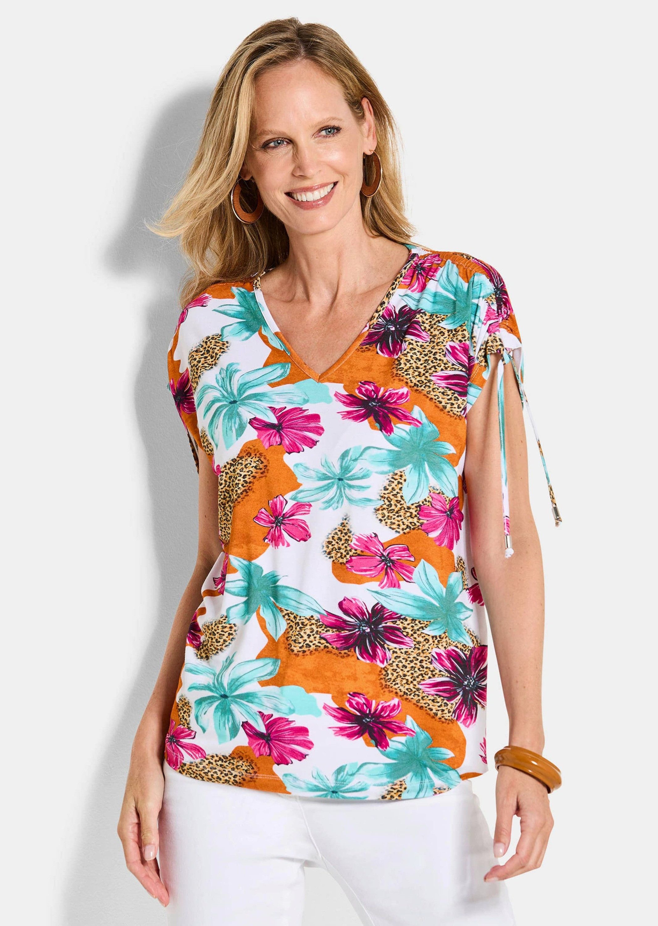 Print-Shirt Kurzgröße: Blusenshirt mit floralem Print