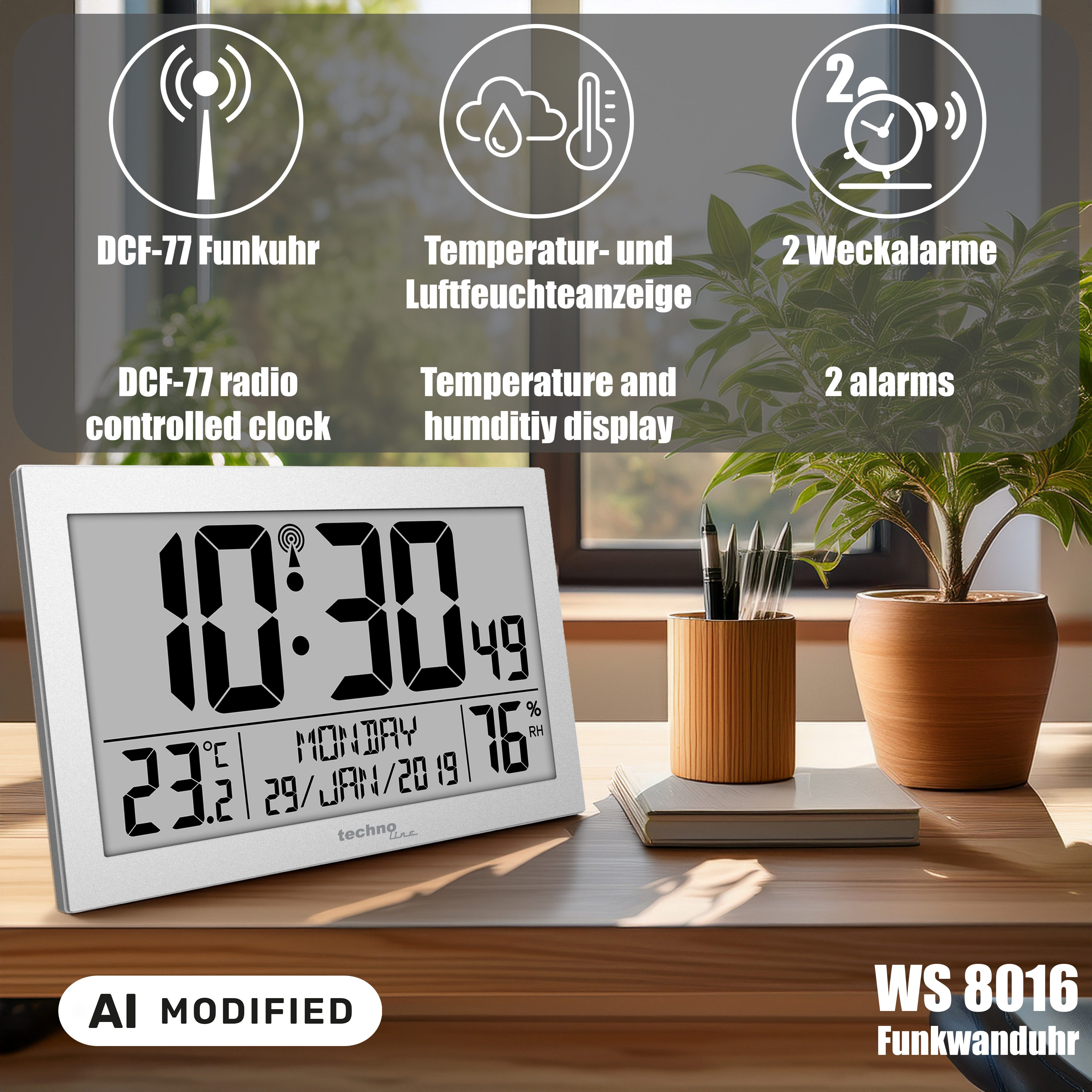 technoline Funkwanduhr WS 8016 (mit Temperatur- und Luftfeuchteanzeige)