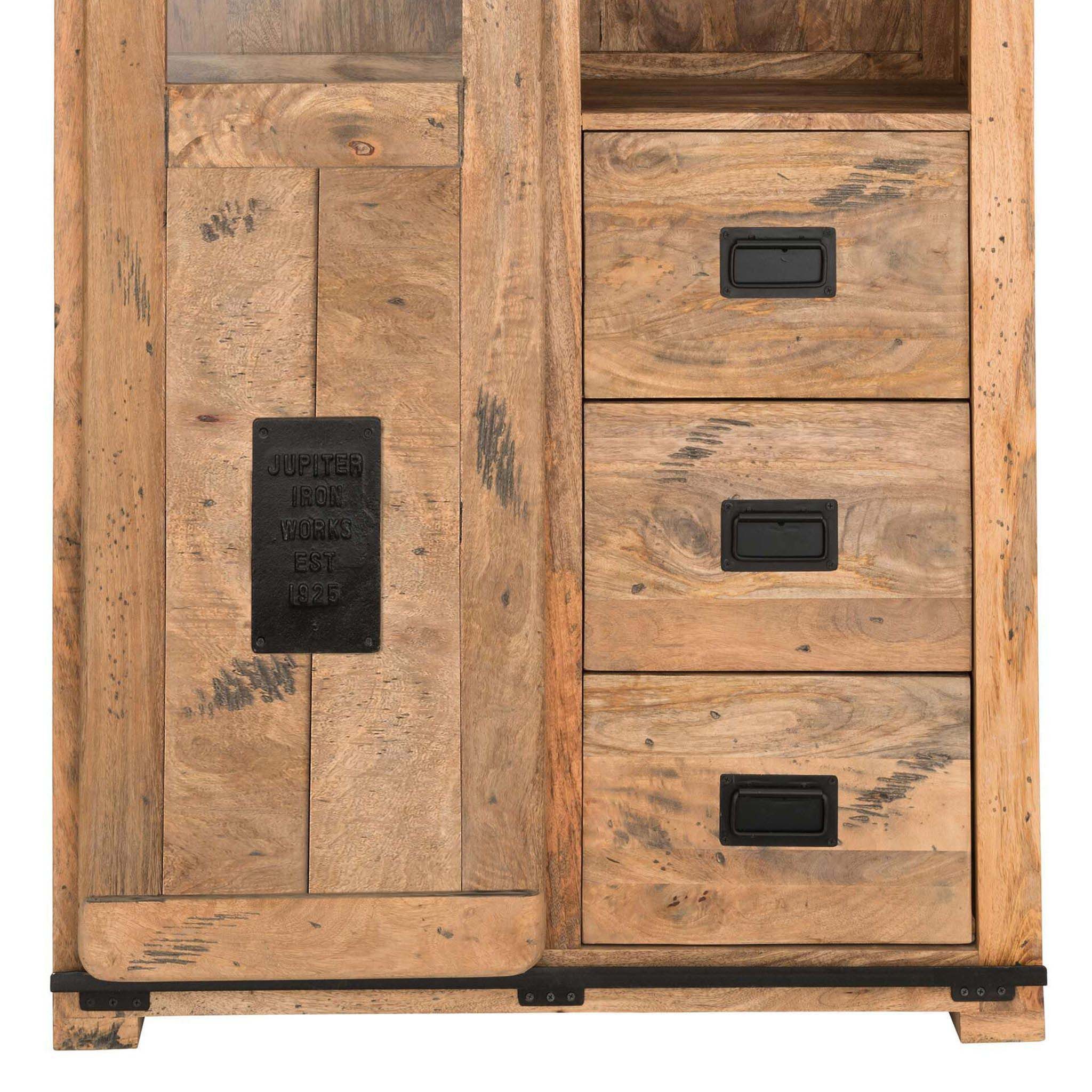 bene living Standvitrine Florenz Vintage - 100 cm - Mangoholz (Indoor-Möbelset, 1-St) hochwertiges Massivholz - Schiebetür, Schubladen und Fächer