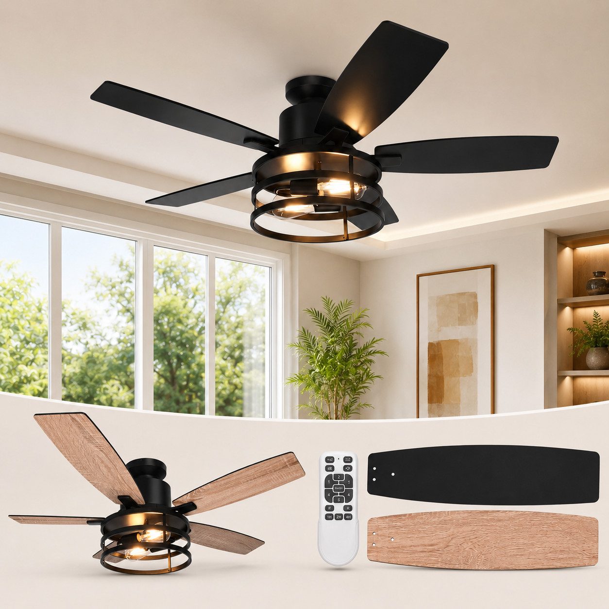 Deckenventilator mit Beleuchtung, 132CM, Leise Ventilator, Doppelseitige Flügel, Timer