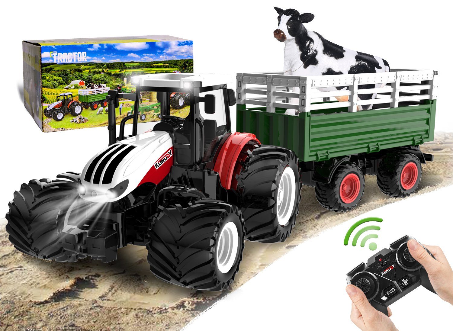 Esun RC-Traktor Ferngesteuerter Traktor Ferngesteuert,Rc Traktor Spielzeug  ab3456Jahre (Komplettset), mit Anhänger,Licht,Sound,Geschenk für  KinderAge3456