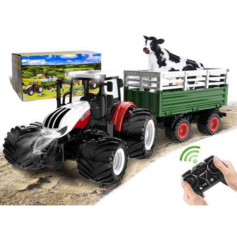 Esun RC-Traktor Ferngesteuerter Traktor Ferngesteuert,Rc Traktor Spielzeug ab3456Jahre (Komplettset), mit Anhänger,Licht,Sound,Geschenk für KinderAge3456