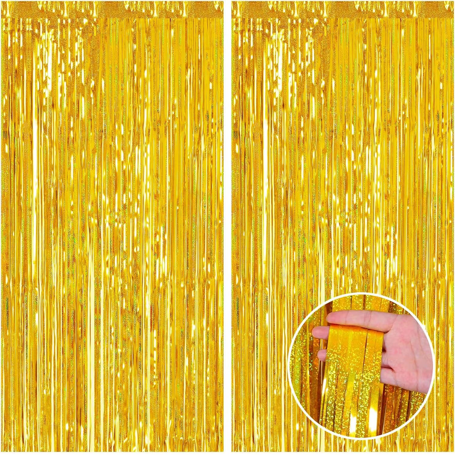 Kopper-24 Türvorhang Lametta Vorhang 2 x 1 m, Gold glitzernd, holographisch Party Deko Foto, Schlaufen, Folie