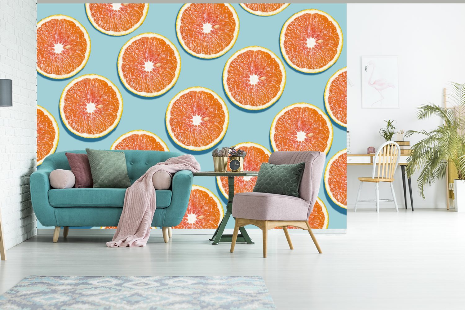 - Wohnzimmer, Wandtapete - für Fototapete Matt, bedruckt, Montagefertig Sommer MuchoWow Vinyl Blau, St), Orange (6 Tapete