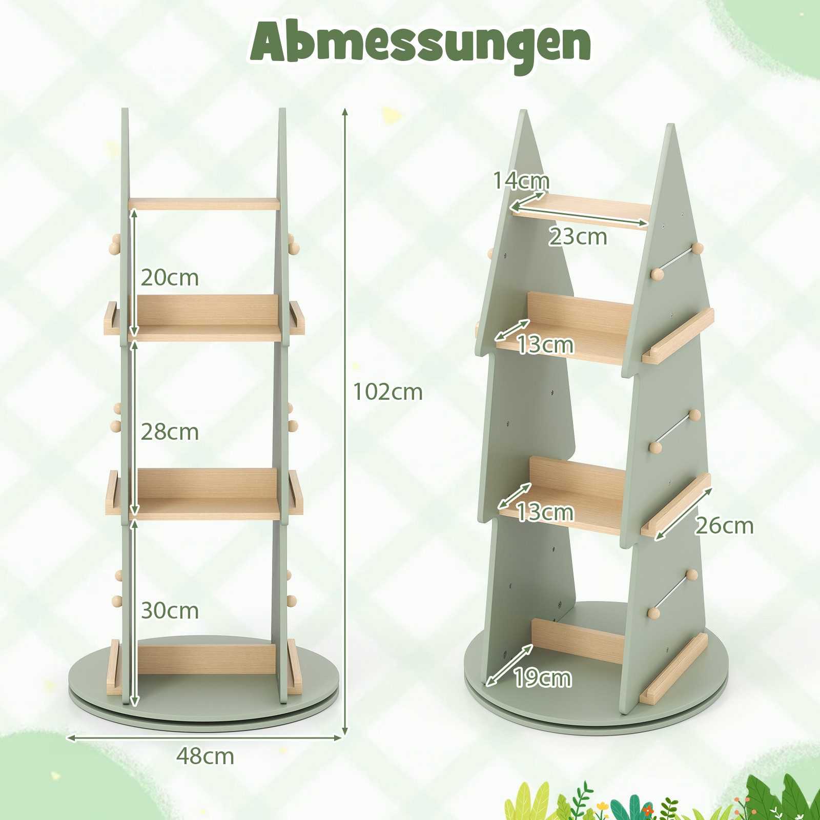 COSTWAY Bücherregal, Kinderregal drehbar, 4 Ebenen, Baumform, Spielzeugregal