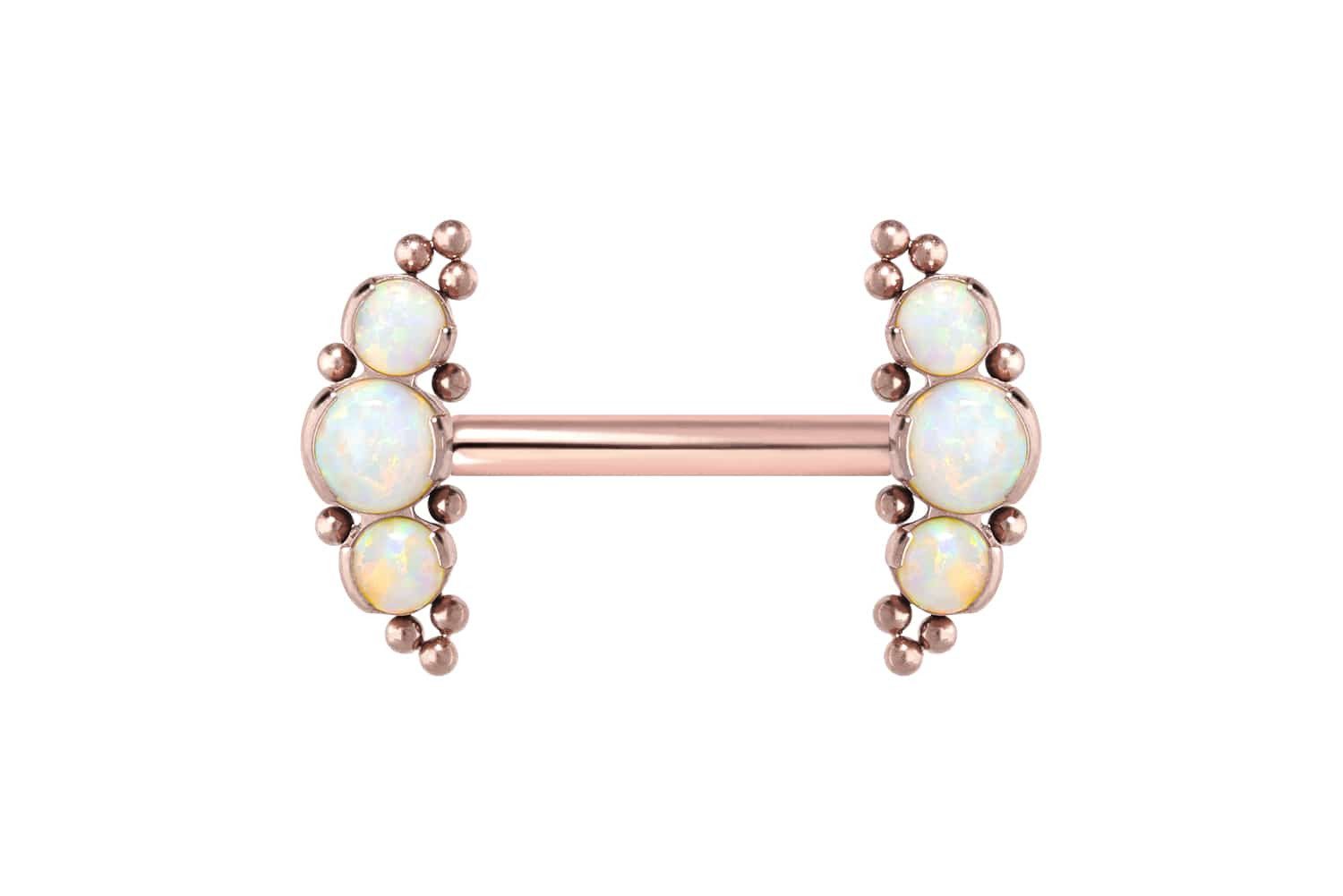 Brustwarzenpiercing Titan Barbell mit Push Fit 3 SYNTHETISCHE OPALE + KUGELN