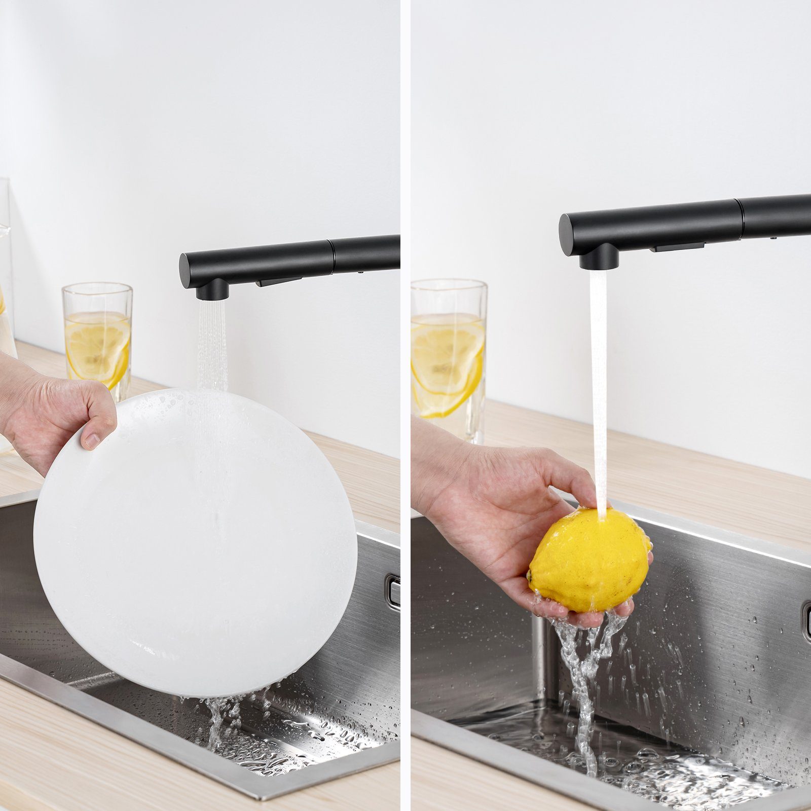 Lonheo Küchenarmatur Niederdruck Wasserhahn Schwarz Spültischarmatur mit Mischbatterie Brause Ausziehbar 360° ausziehbar