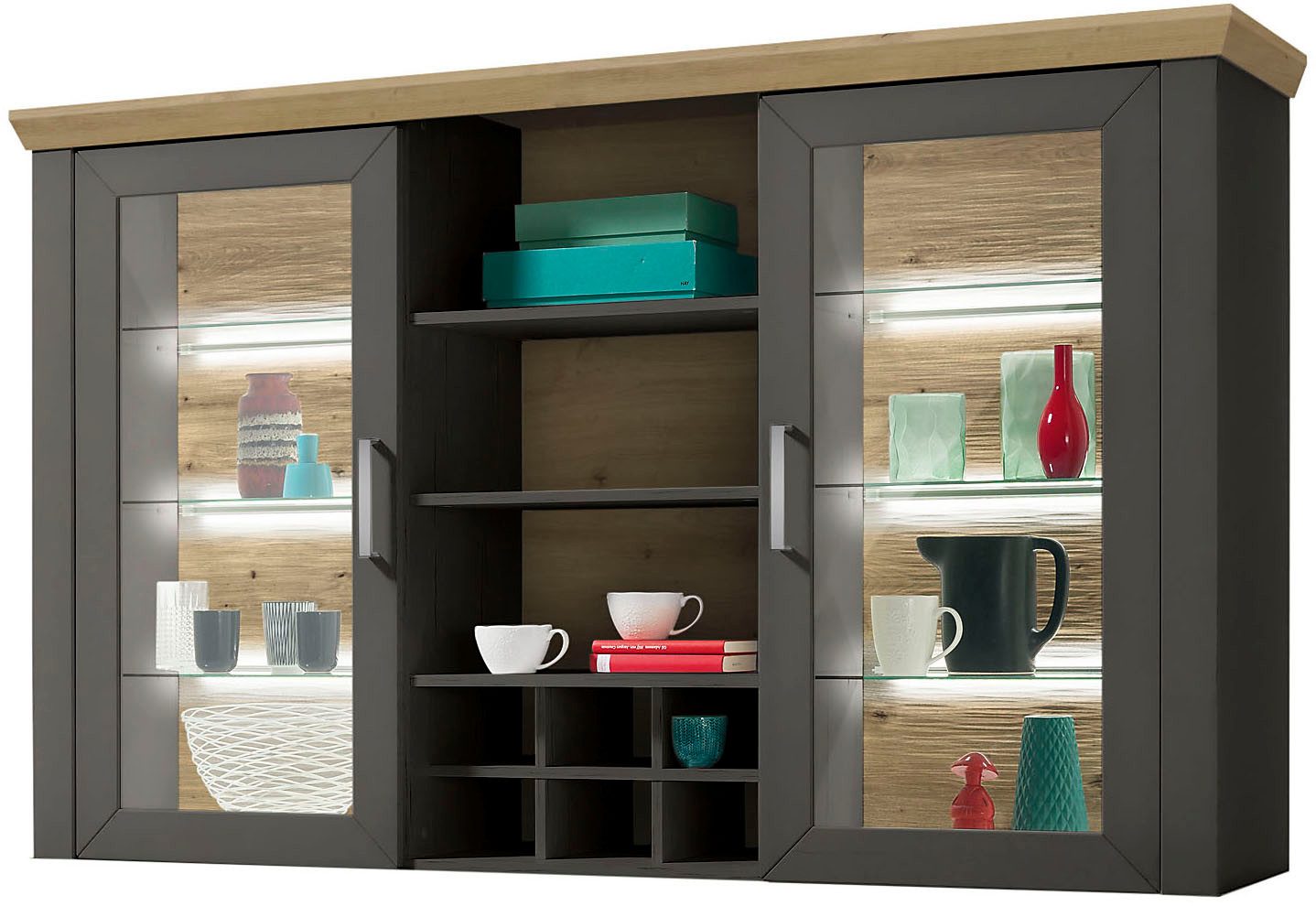 set one by Musterring Aufsatzschrank York Typ 24, Glastüren und Flaschenregal, Beleuchtung optional, B 184 cm