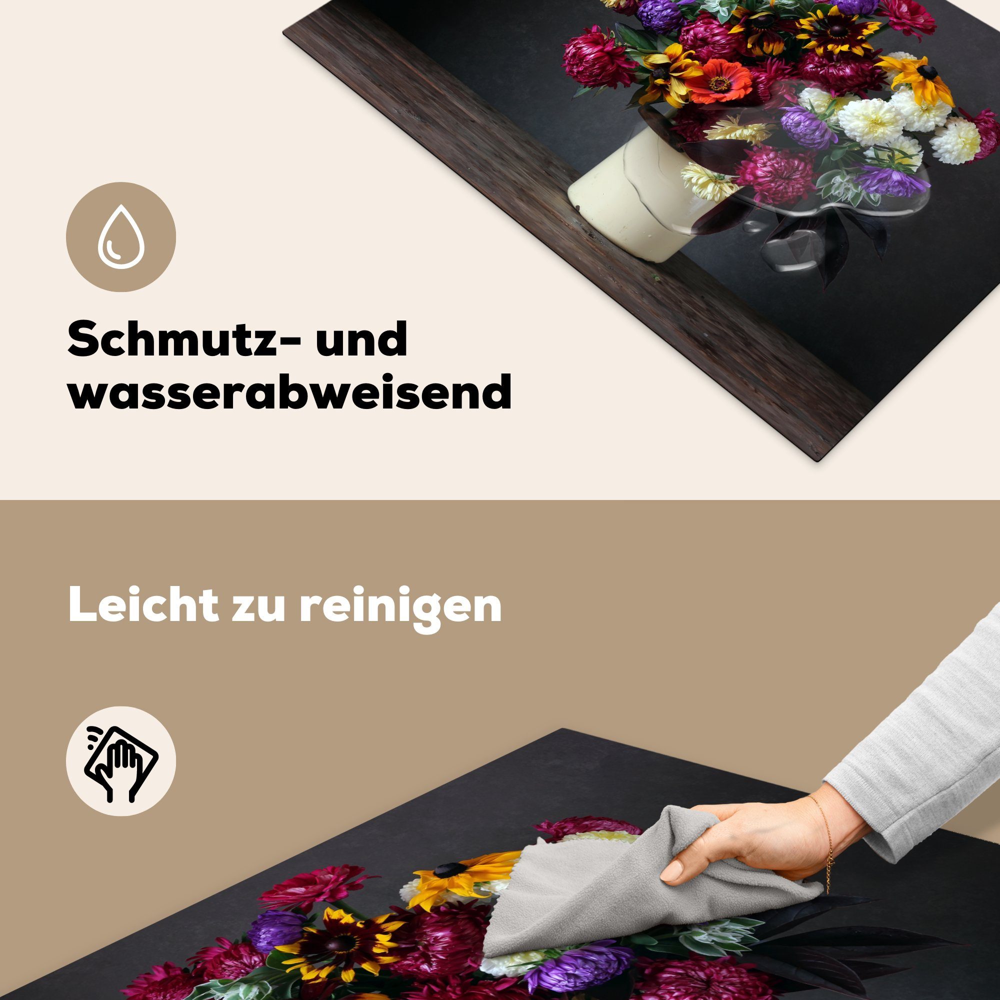 MuchoWow Herdblende-/Abdeckplatte Blumenstrauß - Induktionskochfeld (1 Vinyl, küche, tlg), für Schutz 81x52 Farben Stilleben, Ceranfeldabdeckung cm, die 