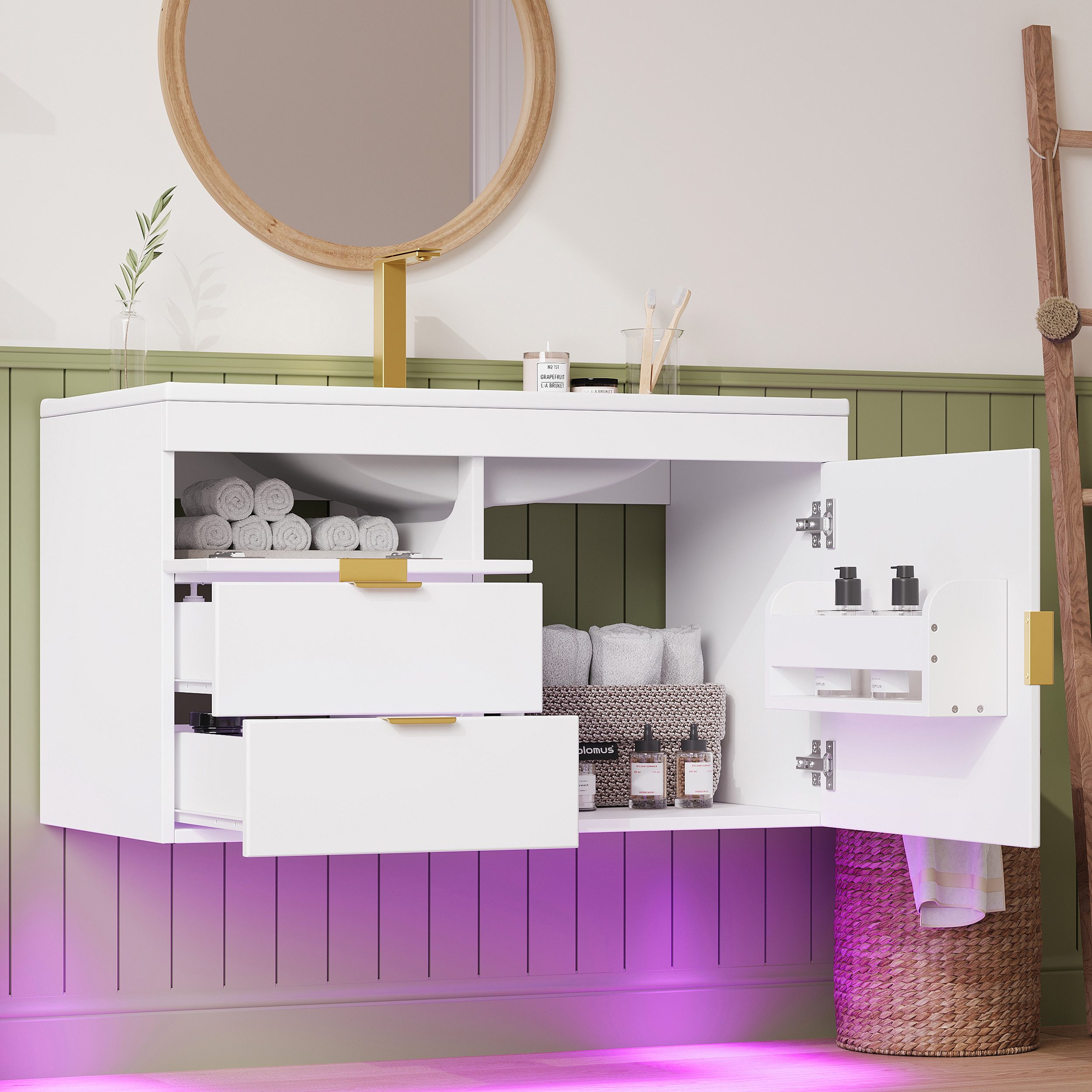 Flieks Waschtisch mit LED-Beleuchtung, Waschbeckenunterschrank inkl. Waschbecken (B76/T46/H51 cm, 1-St., wandhängend, Badschrank mit 2 Fächern Waschplatz Badzimmer), Badmöbel-Set mit Schubladen und Türablagen Badezimmerschrank Weiß