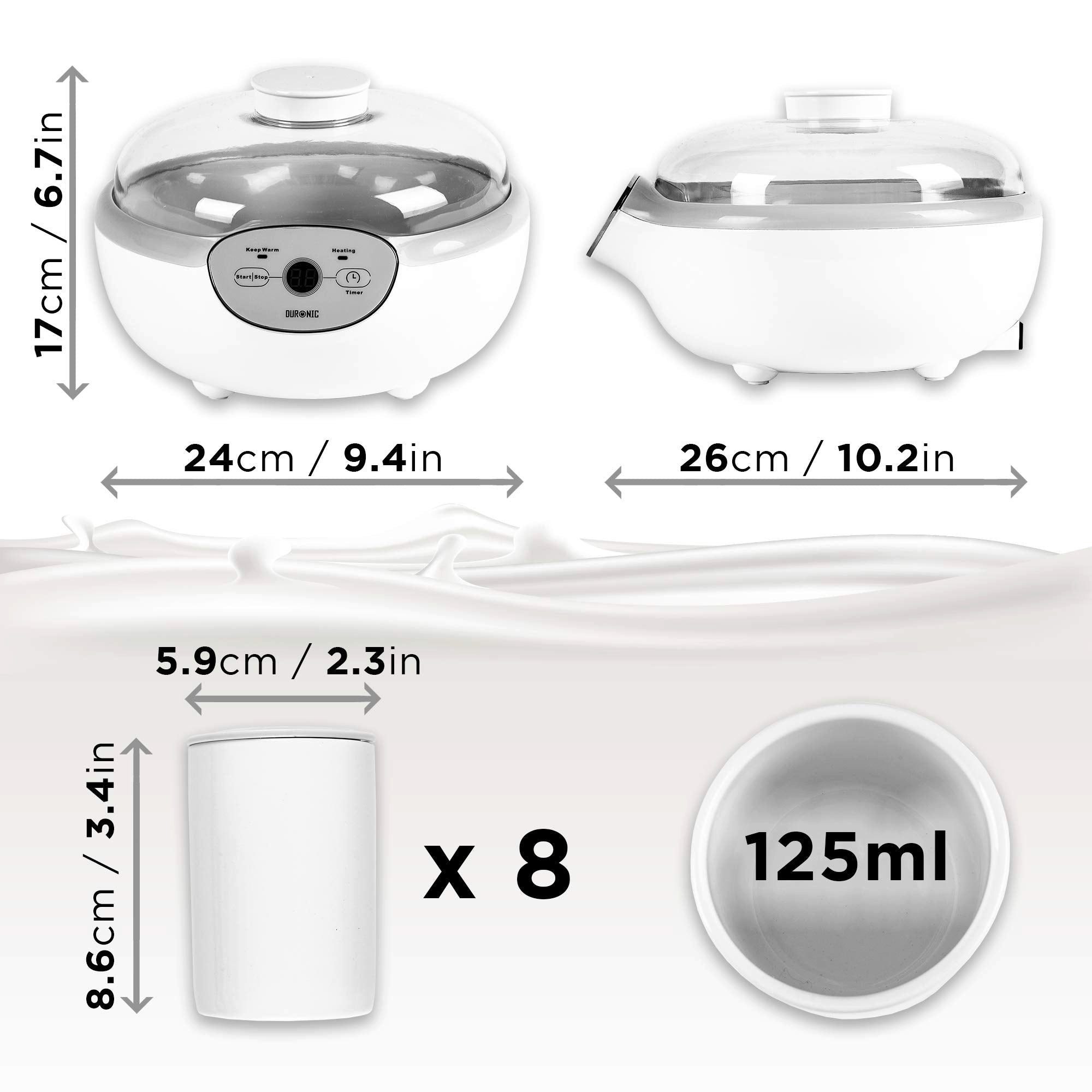 20 Duronic 125 Joghurtmaschine 38°C ml, YM2 Watt, Joghurtbereiter, Joghurtbereiter, 8x
