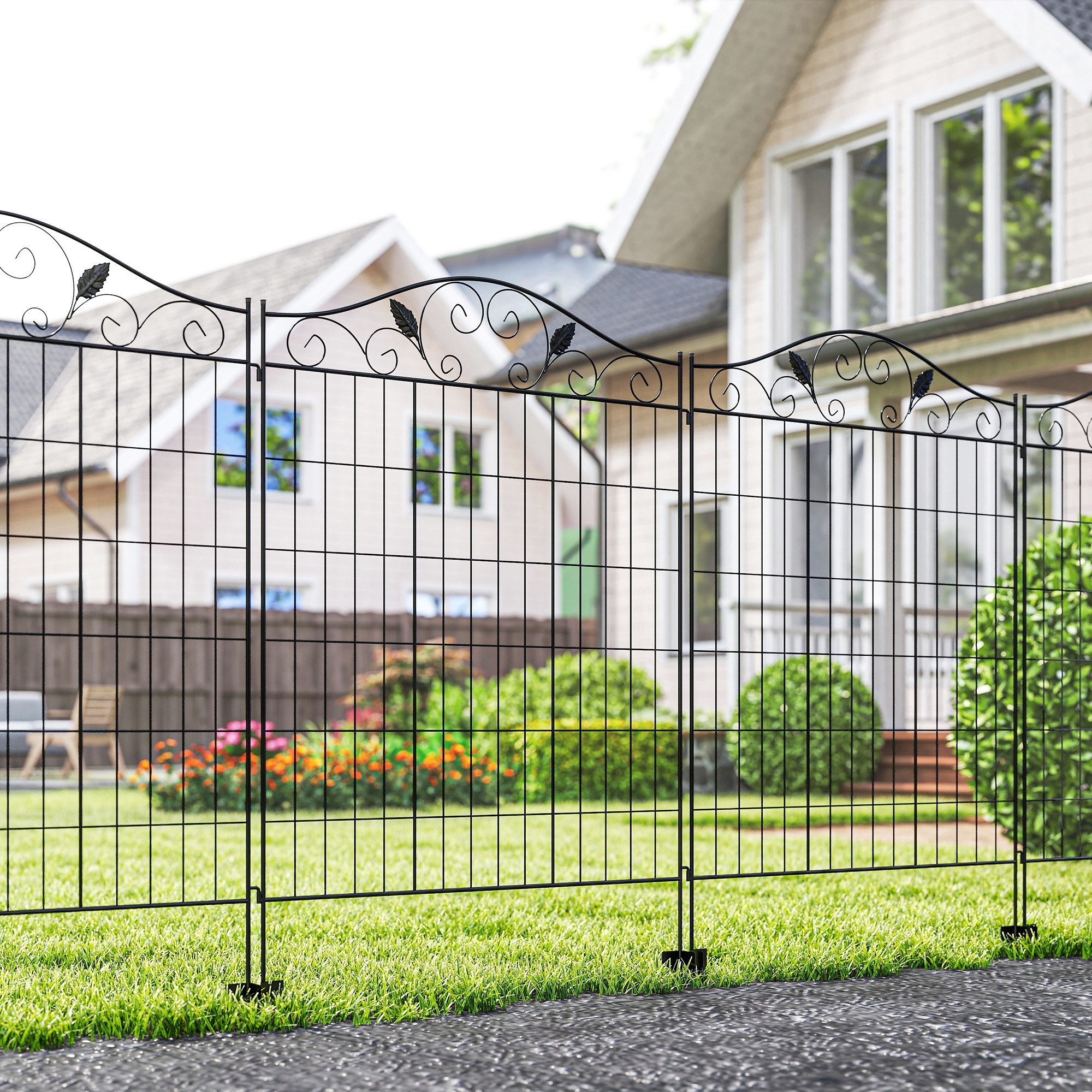 Outsunny Zaun Gartenzaun 4er Set 365 x 112 cm Gitterzaun Dekorative Metallzaun, (Drahtzaun, 4-St., Drahtgitter), für Balkon, Garten, Schwarz