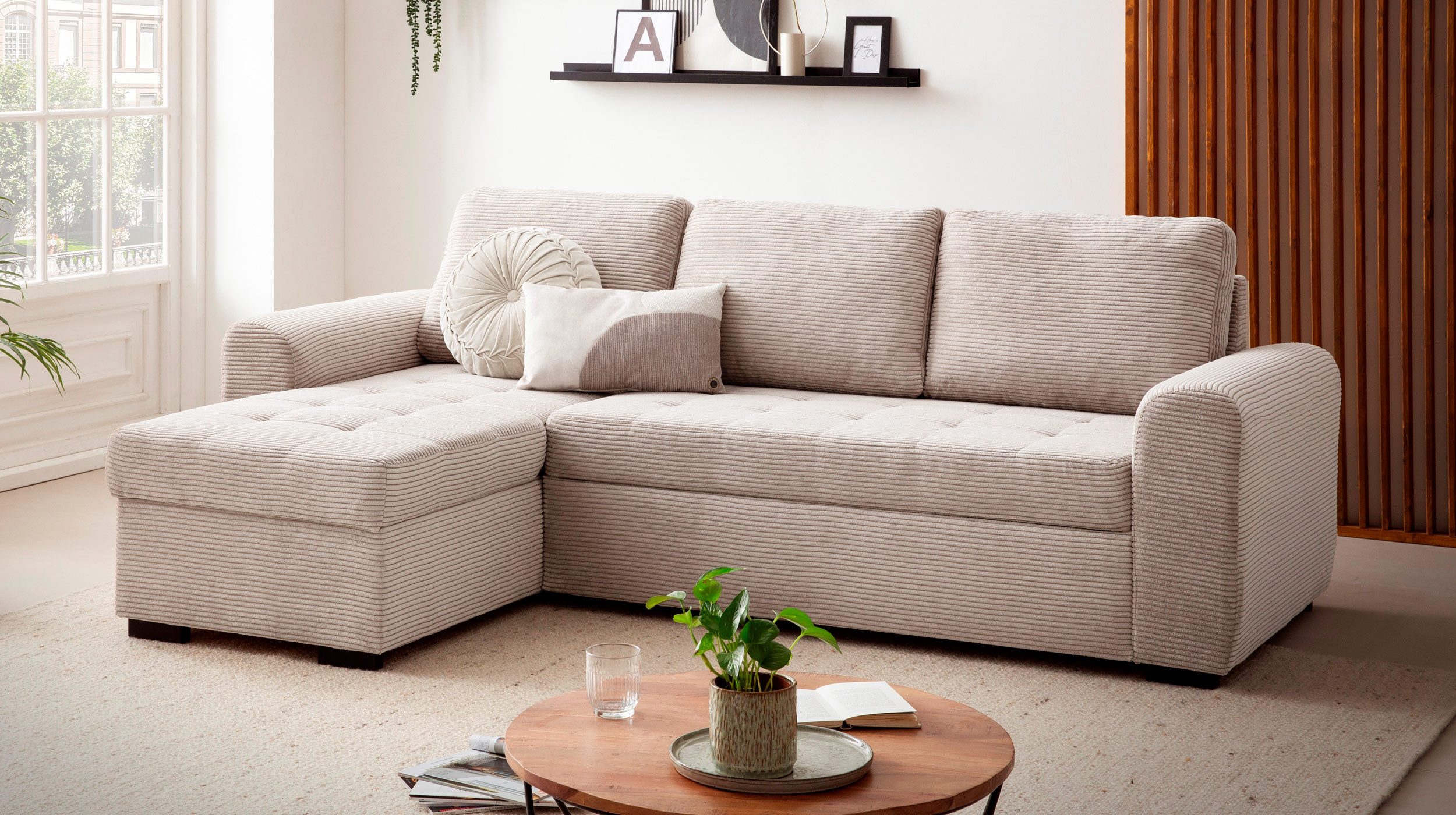 Massivart® Ecksofa mit Schlaffunktion / Cord beige / 243 cm / Modell Poll, günstig online kaufen