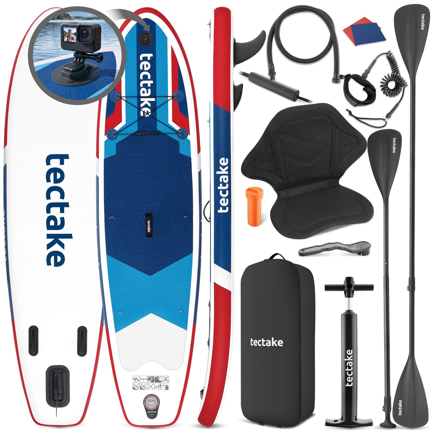 tectake SUP-Board Aufblasbares Paddle-Board mit Kamerahalterung, Kajak-Sitz, Stand-up Paddle, (Stand up Paddle Board Poseidon, in Rot/blau), Inkl. Zubehör, stabiles Komplettset bis 200 kg
