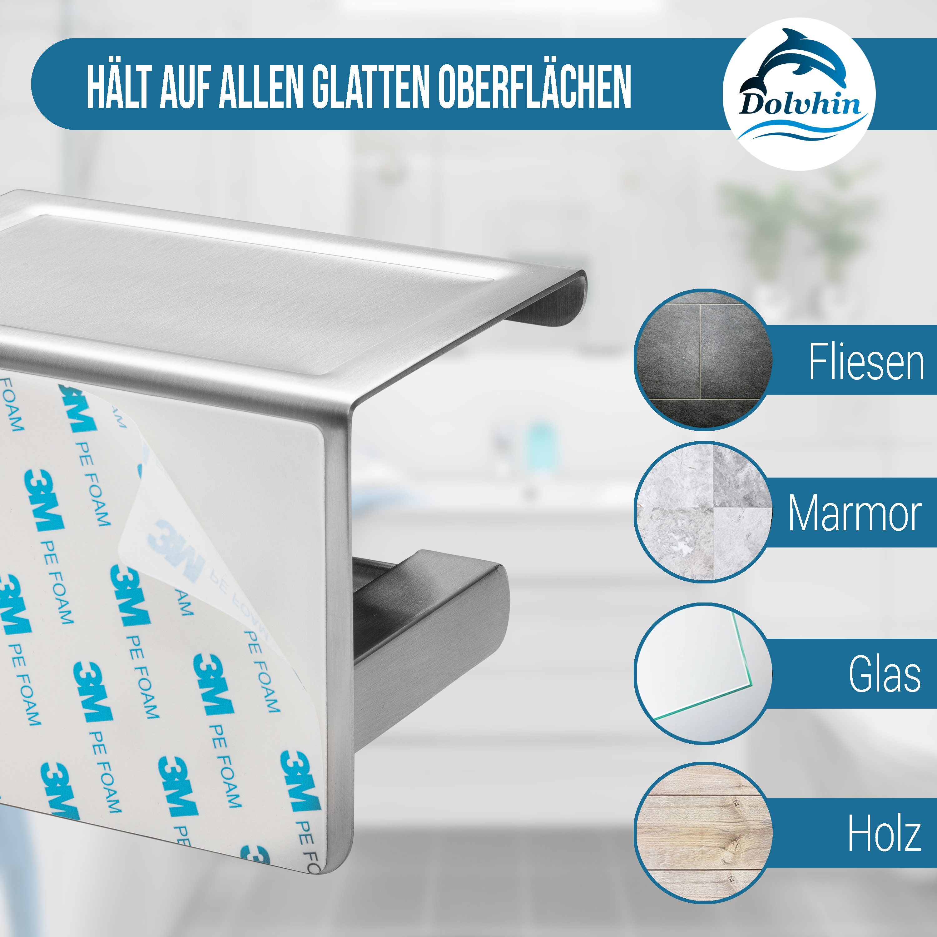 Dolvhin Toilettenpapierhalter ohne Bohren, Edelstahl Klopapierhalter mit Ablage, WC Klorollenhalter, zum Kleben inkl. extra starkem 3M Klebestreifen – Bild 5 von 5