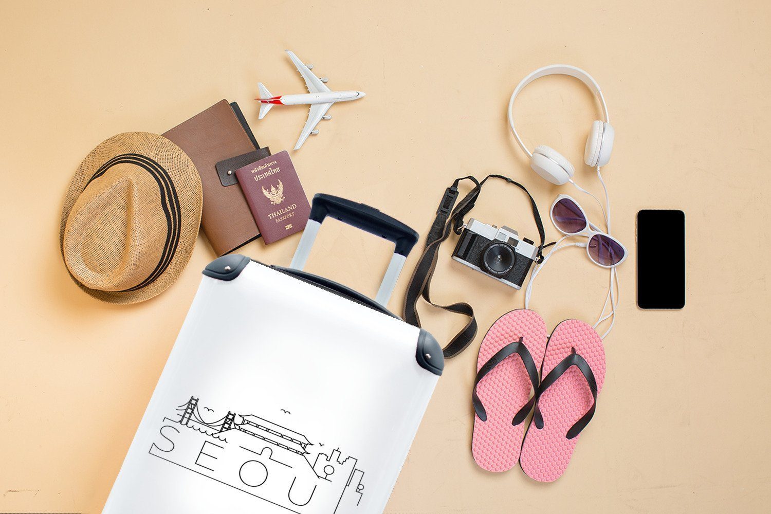 rollen, mit Ferien, 4 "Seoul" auf Reisetasche Reisekoffer weißem Handgepäckkoffer Rollen, für Handgepäck Trolley, MuchoWow Hintergrund, Skyline