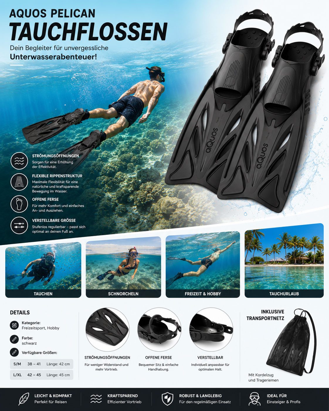 aQuos Flosse Aquos Flossen Taucherflossen verstellbar schwarz mit Transportnetz, Größe verstellbar