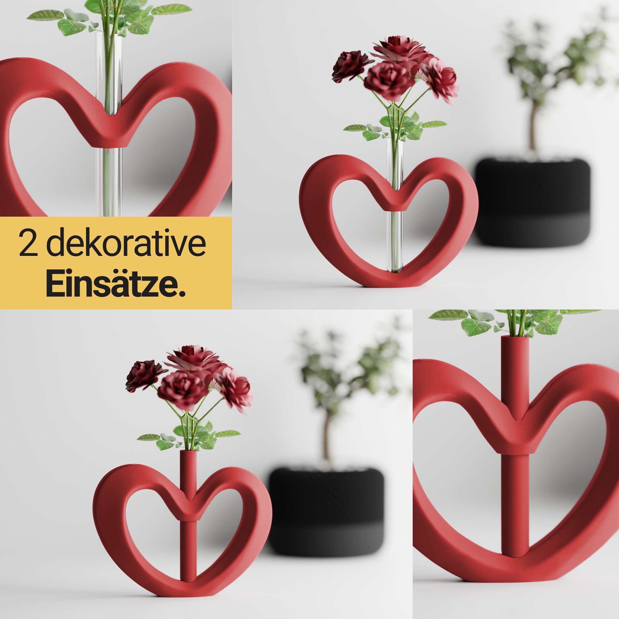 Shapes - Decorations Dekovase Herzvase, Deko in Herzform mit Glasröhrchen, Valentinstag Geschenk, Glasröhrchen für einzelne Blume – Bild 5 von 5