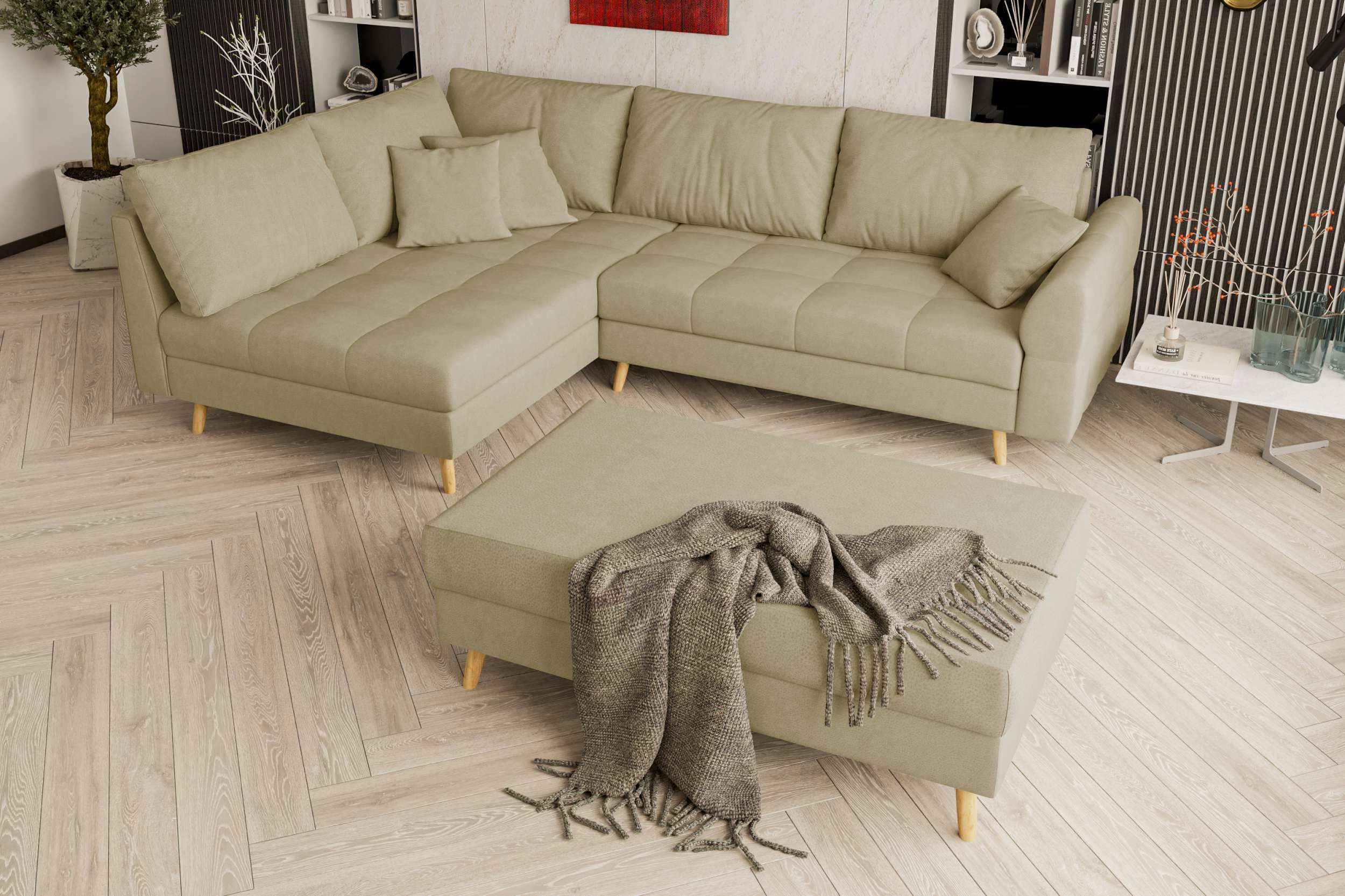99rooms Ecksofa Bello, Sofa L-Form mit Hocker, links oder rechts bestellbar, mit Hocker, Rückenkissen, Holzfüße