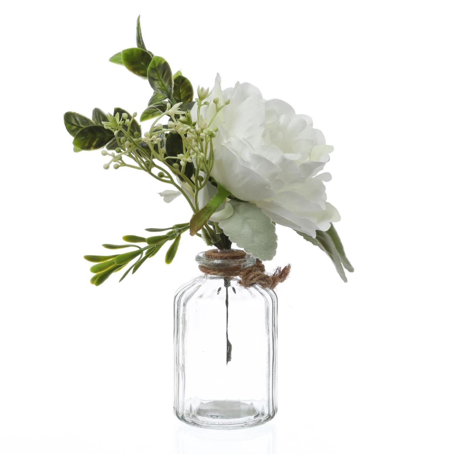 Kunstblumenstrauß Pfingstrose und Hortensie in Mini Glasvase Blumenvase Kunstblumen weiß