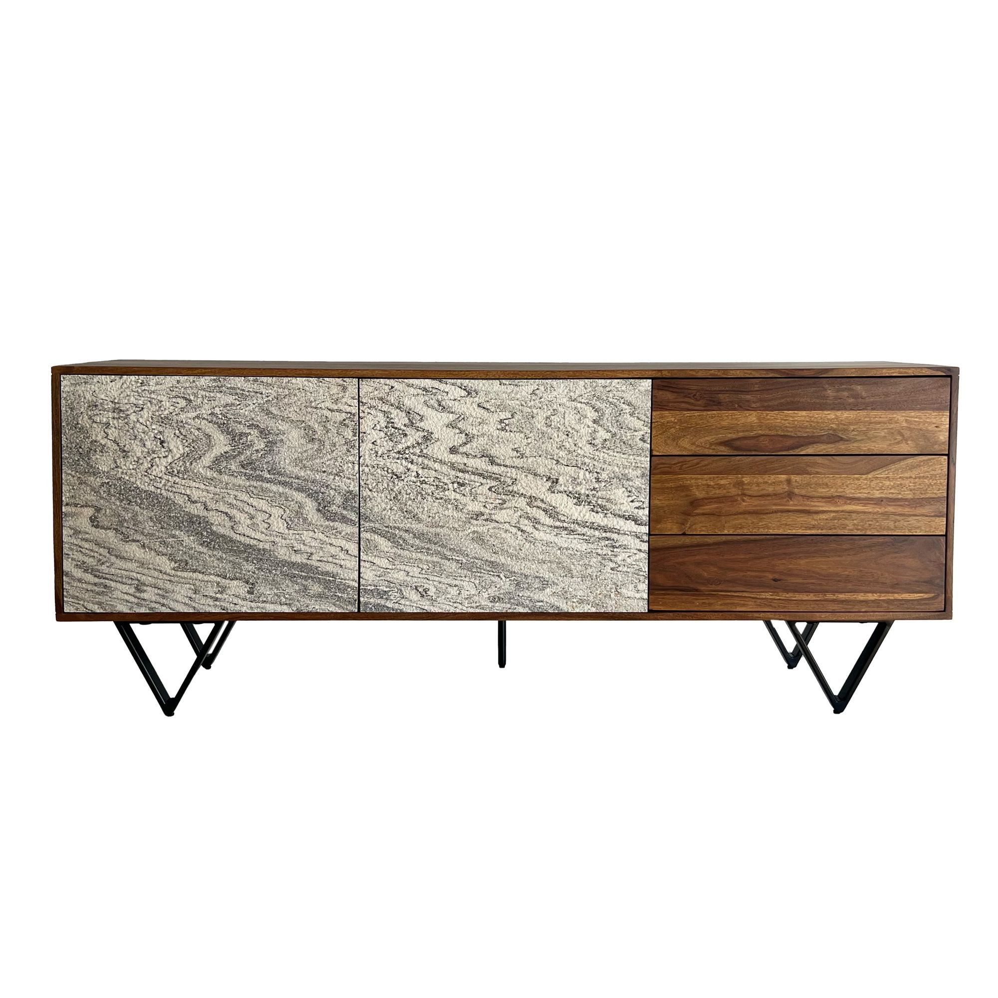 furnicato Sideboard Massivholz Walnuss Finish 175x71x40cm Dunkelbraun (1 St), Anrichte mit 3D-Steinoptik und herausnehmbaren Schubladen für Küche