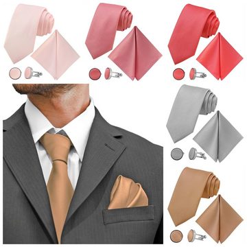 GASSANI Krawatte Hochzeitskrawatte Satin, Herren-Krawatte Hochzeit Schlips z Anzug (Set, 3-St., Krawattenset, mit Einstecktuch, Manschettenknöpfe) Uni, Mattes Seide-Touch-Finish