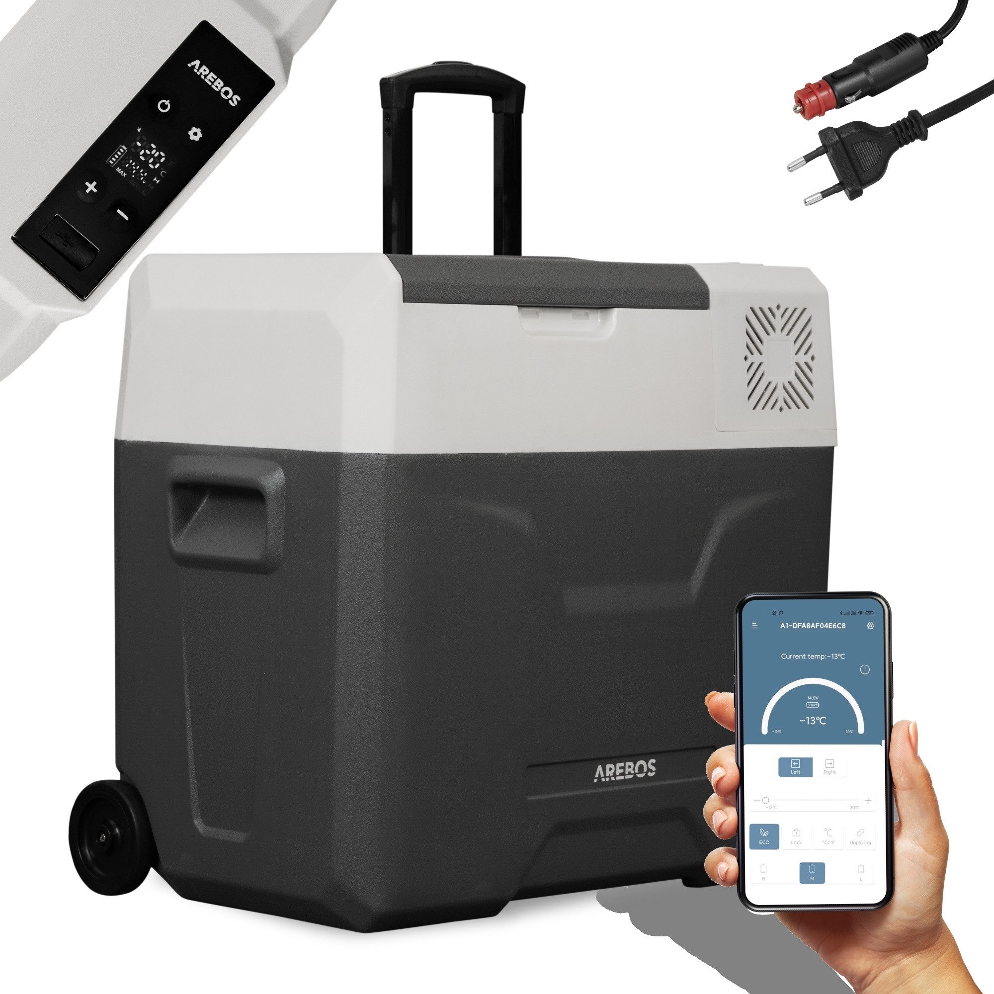 Arebos Kühlbox Elektrische Kompressor-Gefrierbox 27-47L mit Rollen & APP-Steuerung, Ablassschraube zum Wasserentfernen