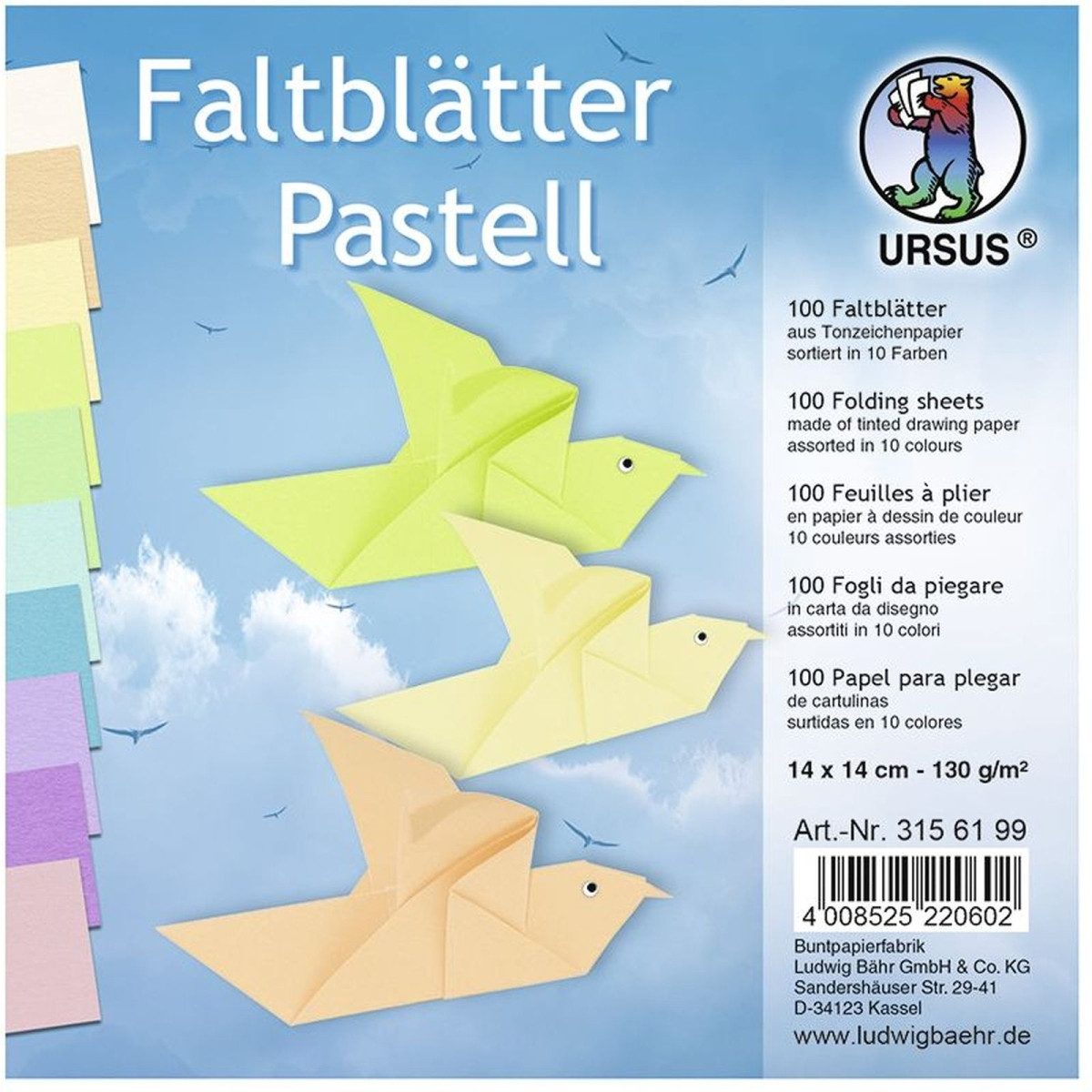 Ursus - Ludwig Bähr Bastelkartonpapier Tonpapier-Faltblätter 130g/qm Pastellfarben 14x14cm VE=100 Blatt 10 Fa