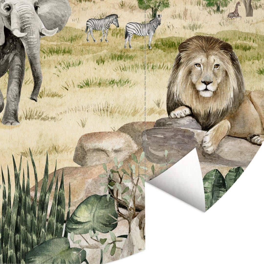 K&L Wall Art Fototapete Kikki Belle - Die Savanne, Vliestapete, rund, Zoo Dschungel Tiere, große Kinder Motivtapete