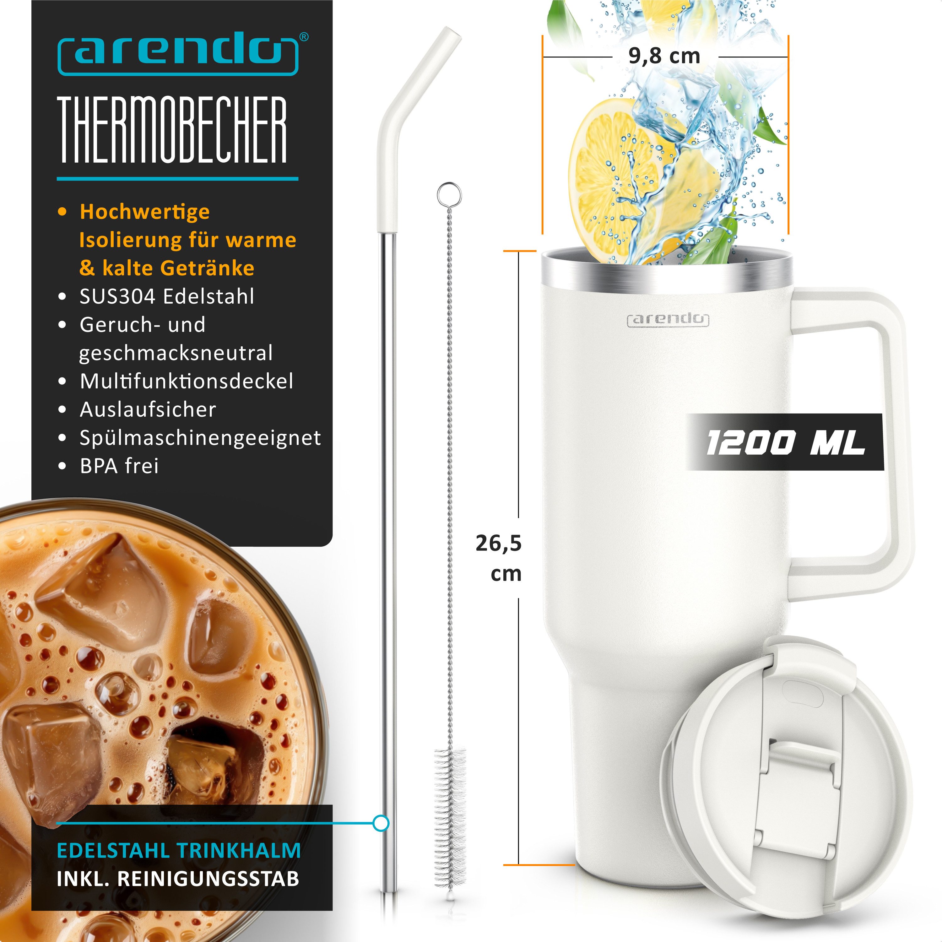 Arendo Thermobecher Tumbler 1200 ml, Becher mit Deckel, Henkel und Strohhalm, Thermal Mug, 1-tlg., Edelstahl, doppelwandig, Vakuumgehäuse aus Edelstahl, luftdichter Verschluss