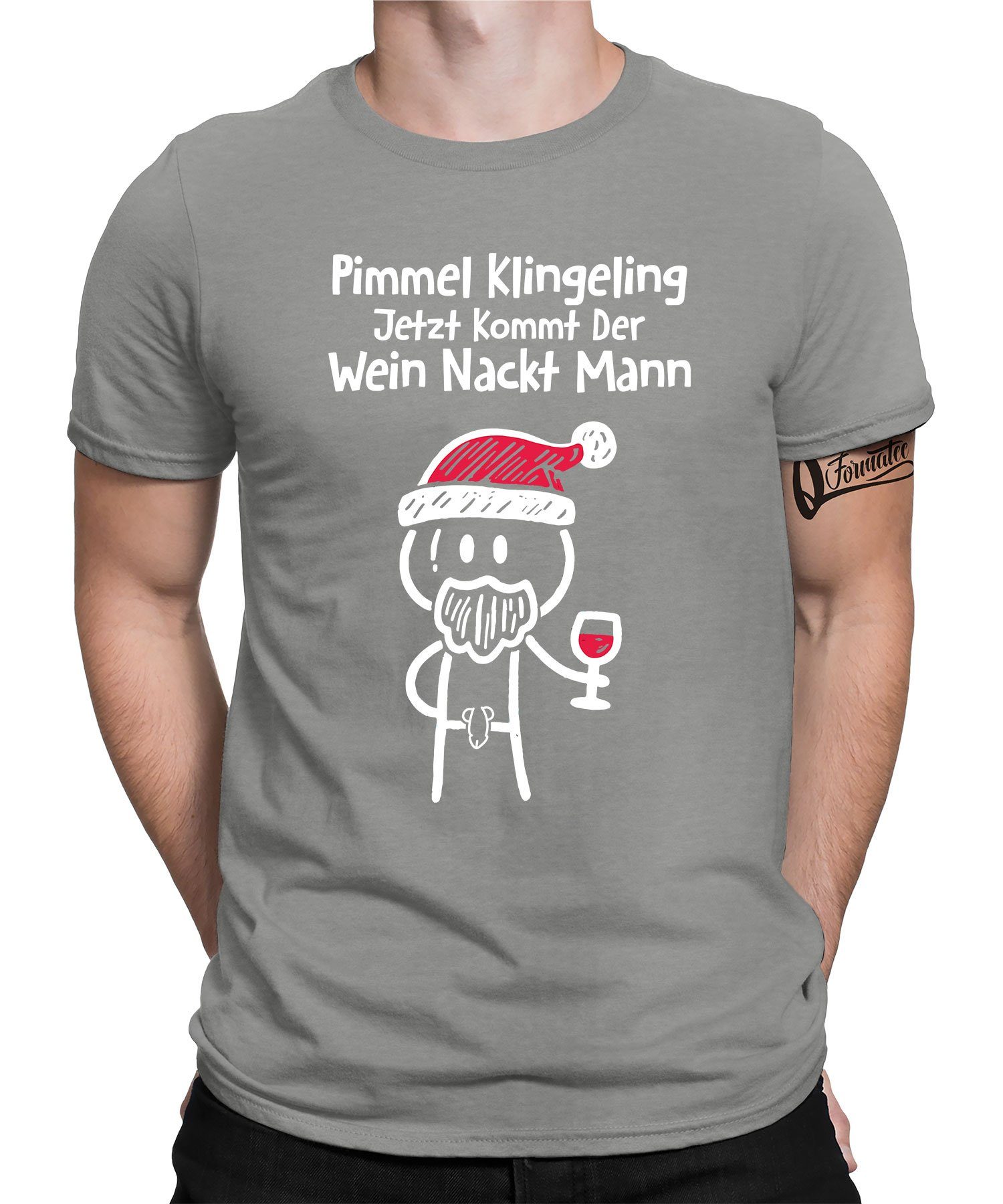 Quattro Formatee Kurzarmshirt Wein Nackt Mann - Weihnachten X-mas Christmas Herren T-Shirt (1-tlg) Heather Grau