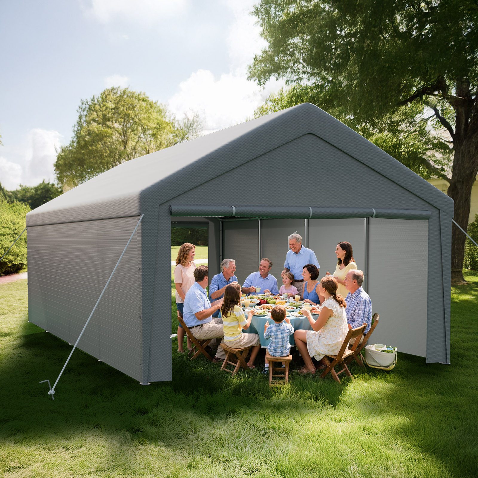 Ferghana Pavillon 4x8m Partyzelt,Carport Zeltgarage,Garagenzelt,Wasserdichtes UV, mit 4 Seitenteilen, 200g/m² PE-Dach, verzinkt, abnehmbare Seitenwände