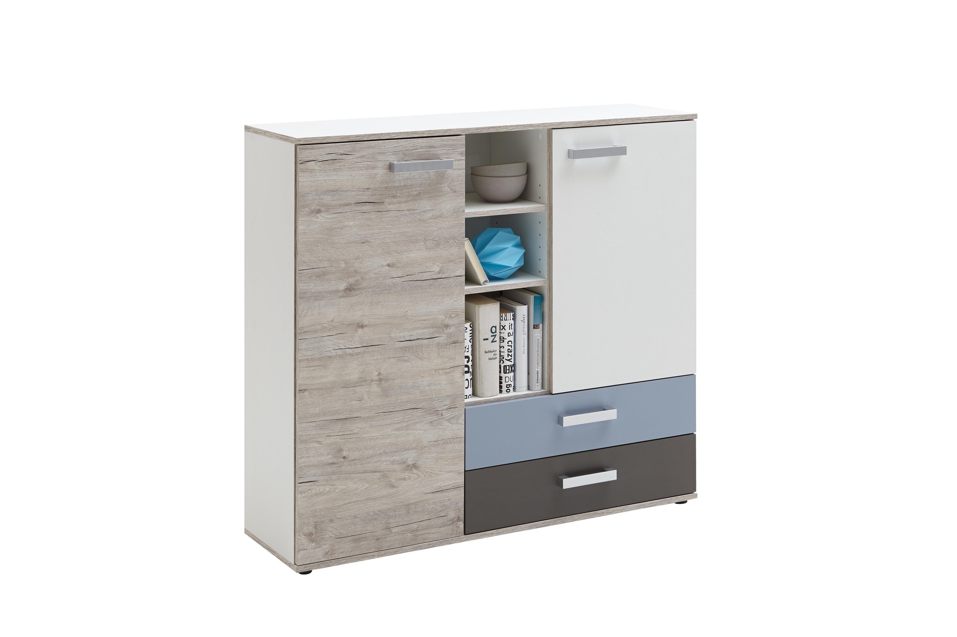 PREISBRECHER Kommode NONA 4, in Sandeiche Dekor-weiß-Lava-Denim - 116,9x105x33cm (BxHxT)