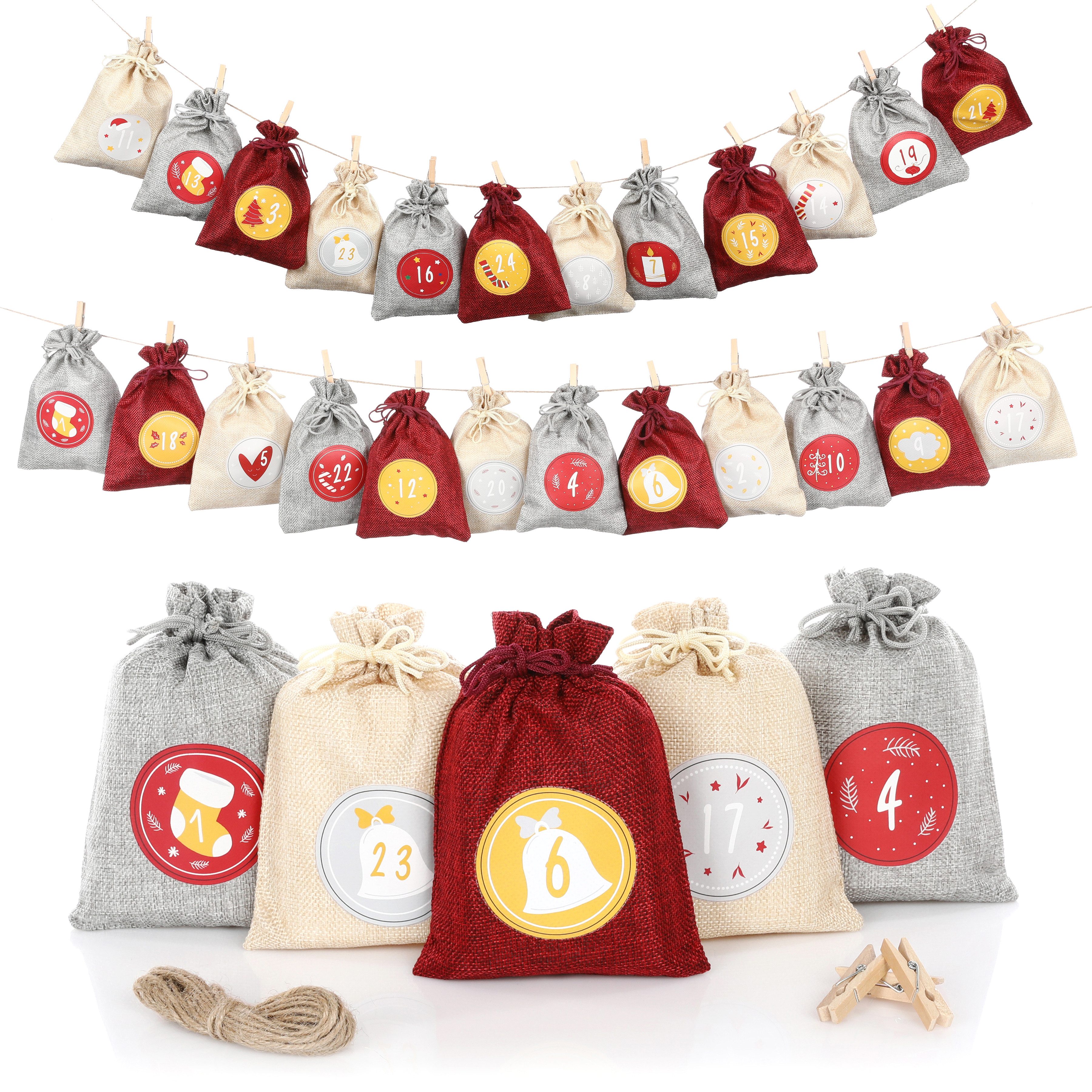Nordstern befüllbarer Adventskalender 24 große Jutesäckchen mit Schnur und Klammern, DIY Weihnachtskalender Beutel für Kinder