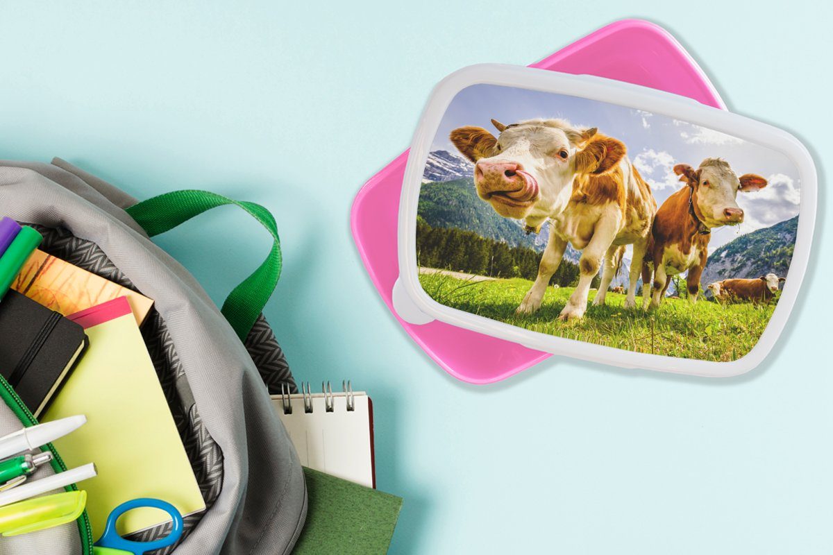 - Mädchen, - Berge Lunchbox Kühe - Kinder, Alpen, (2-tlg), Landschaft Kunststoff Erwachsene, - Snackbox, Kunststoff, Brotdose rosa für Gras Brotbox MuchoWow